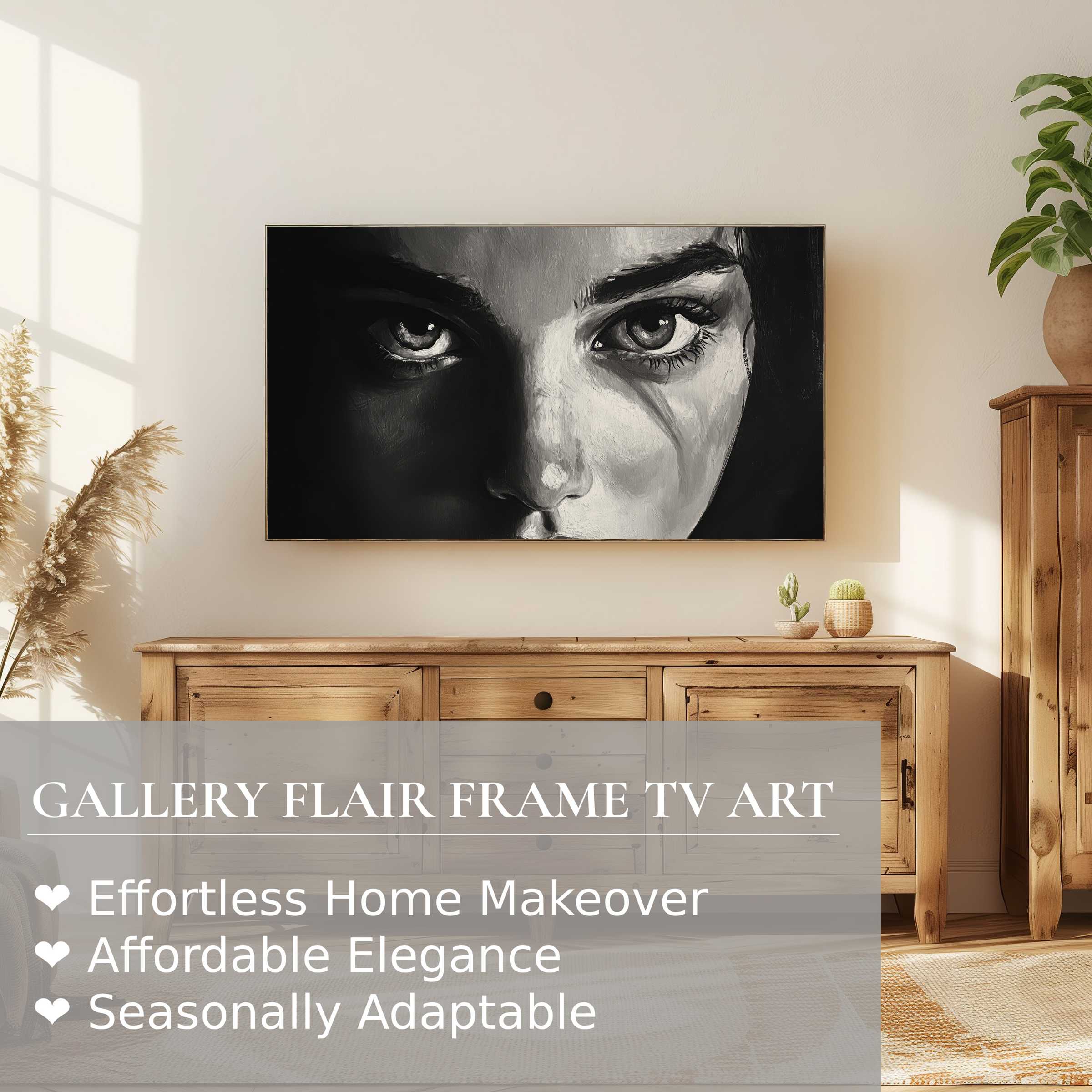Samsung Frame TV showcases striking black and white digital artwork in a chic, natural wood minimalist living space