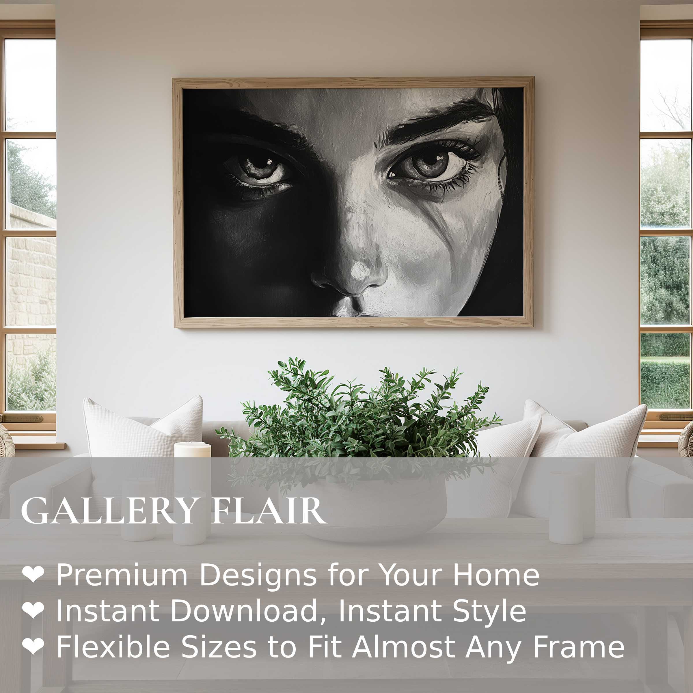 Black and white wall art print featuring an intense, bold gaze that commands attention in a sleek, modern living space