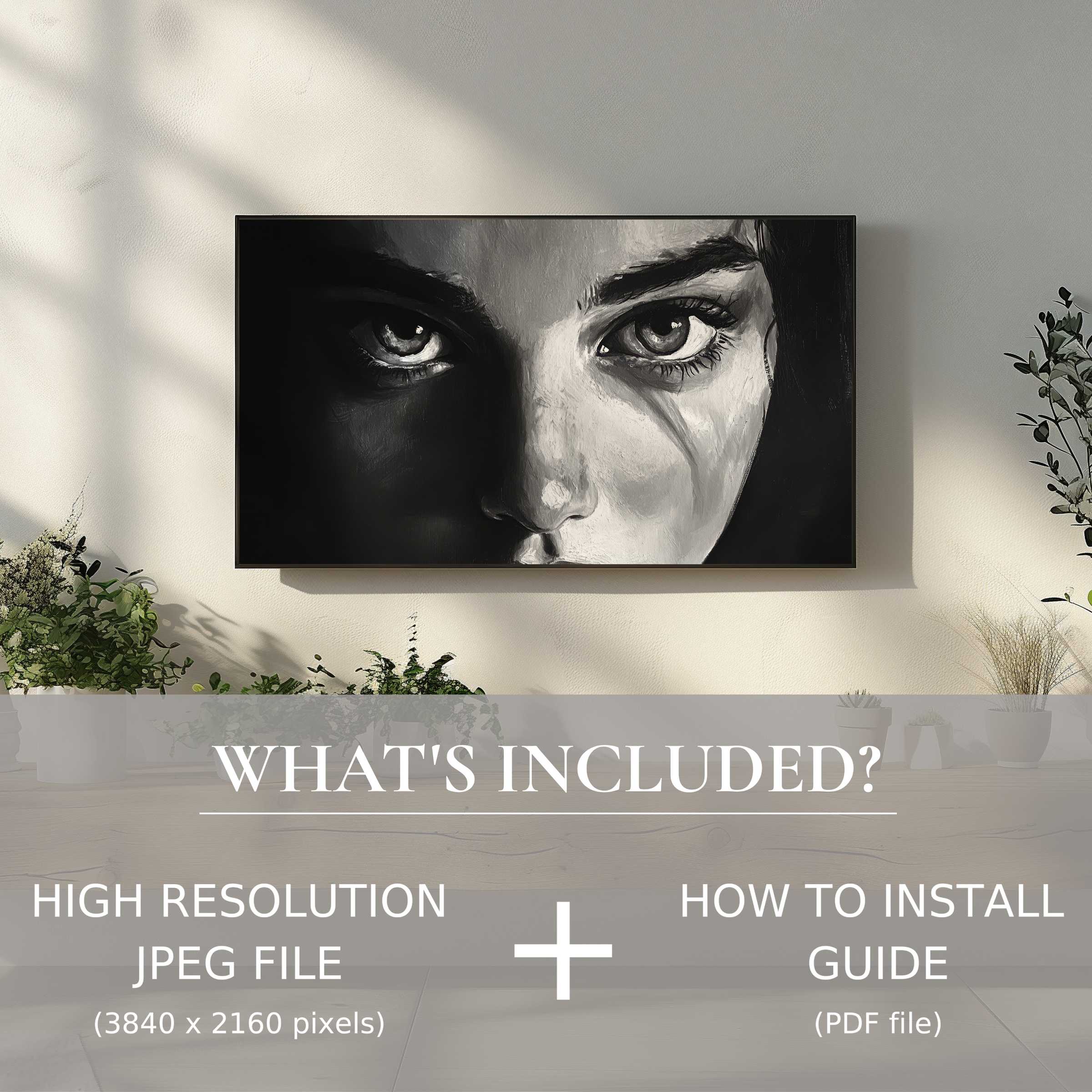 Minimalist living room with black and white digital TV art download, easy digital use elevating stylish decor