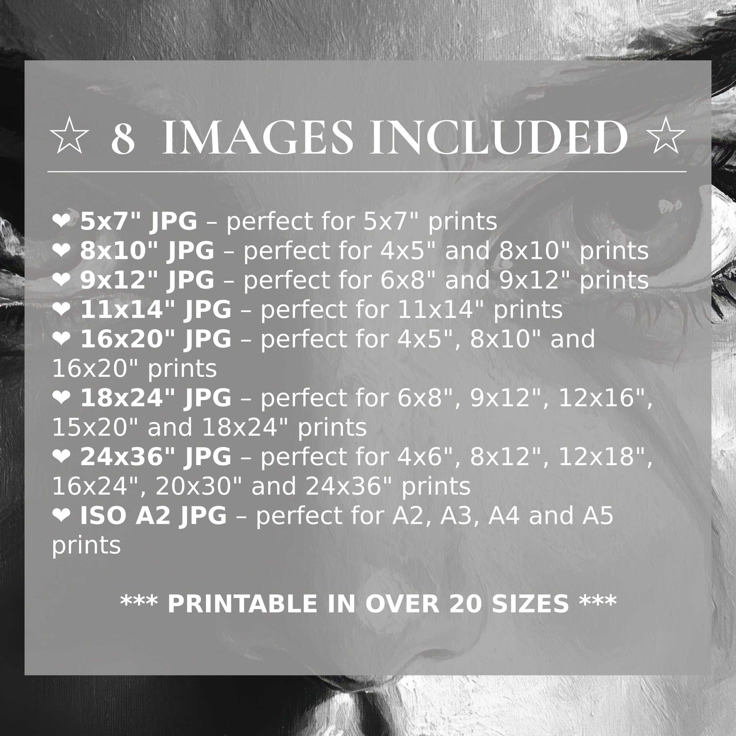 Bold black and white digital print radiates timeless sophistication, offered in 8 high-quality sizes included in download for seamless modern interior styling