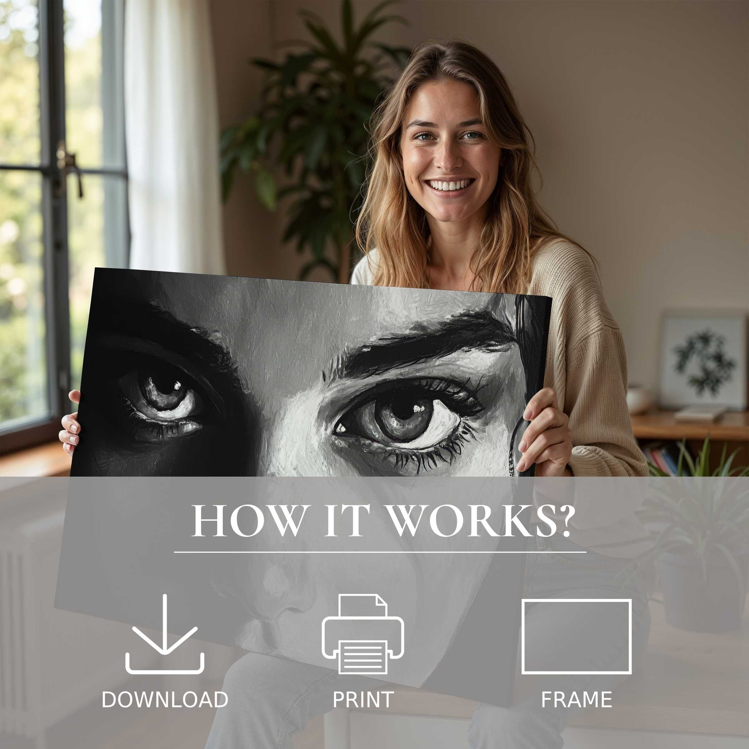 Elegant black and white digital art print radiates connection and joy, enhancing serene, modern living spaces with effortless style