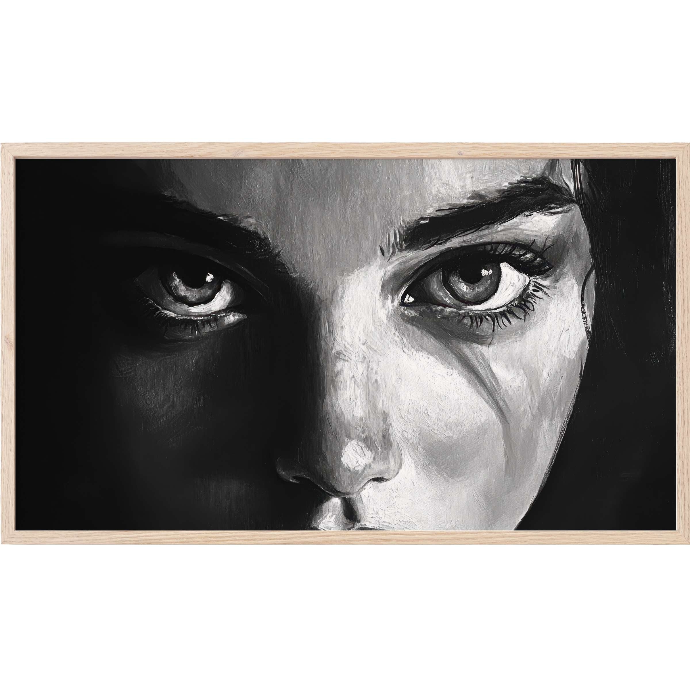 Dramatic close-up portrait with bold shadows in black and white Frame TV Art, perfect for modern minimalist spaces
