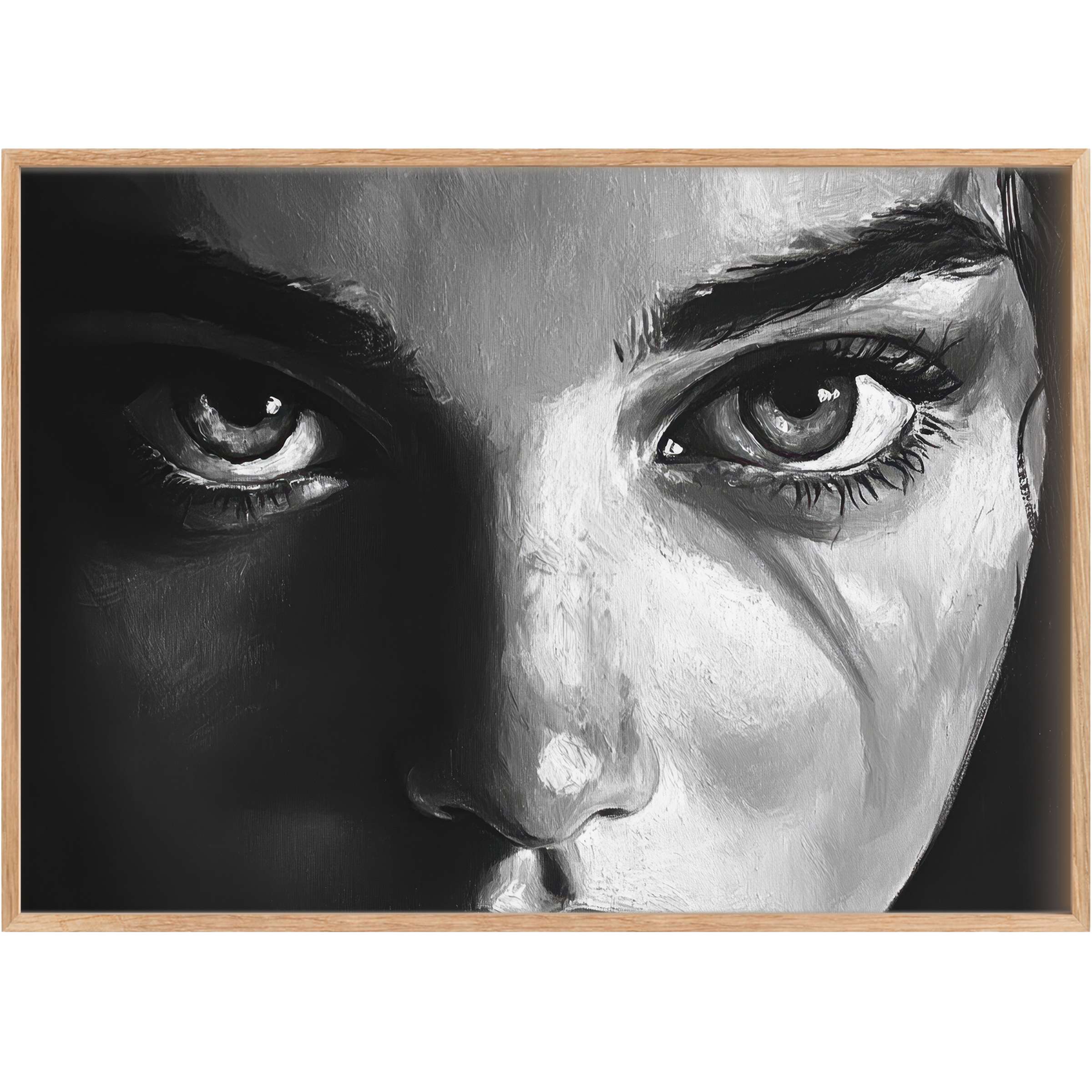 Striking black and white printable wall art capturing intense, contemplative eyes with a bold, dramatic mood