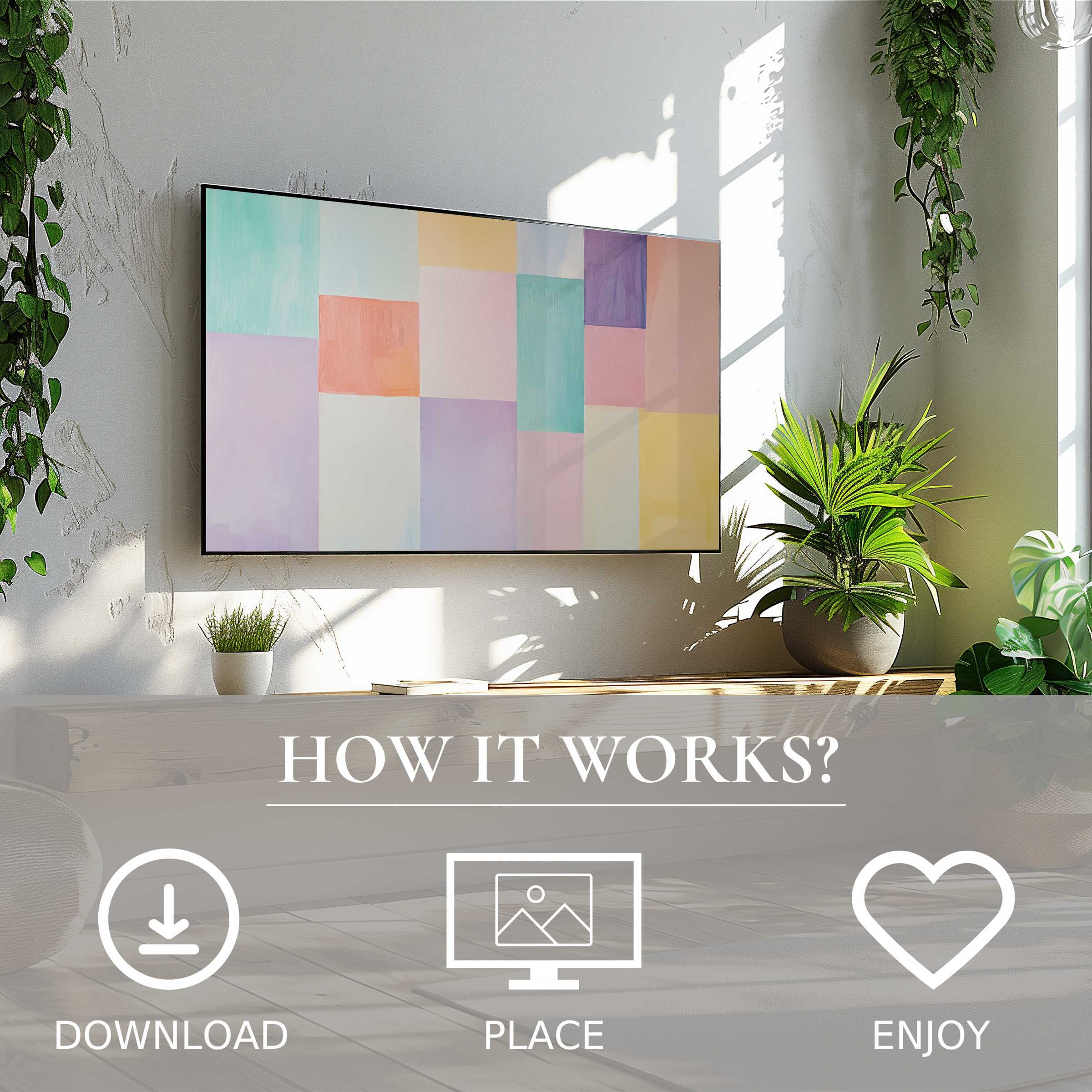 Minimalist art for Samsung TV with soft pastel blocks enhances bright rooms - easy digital download enriches decor