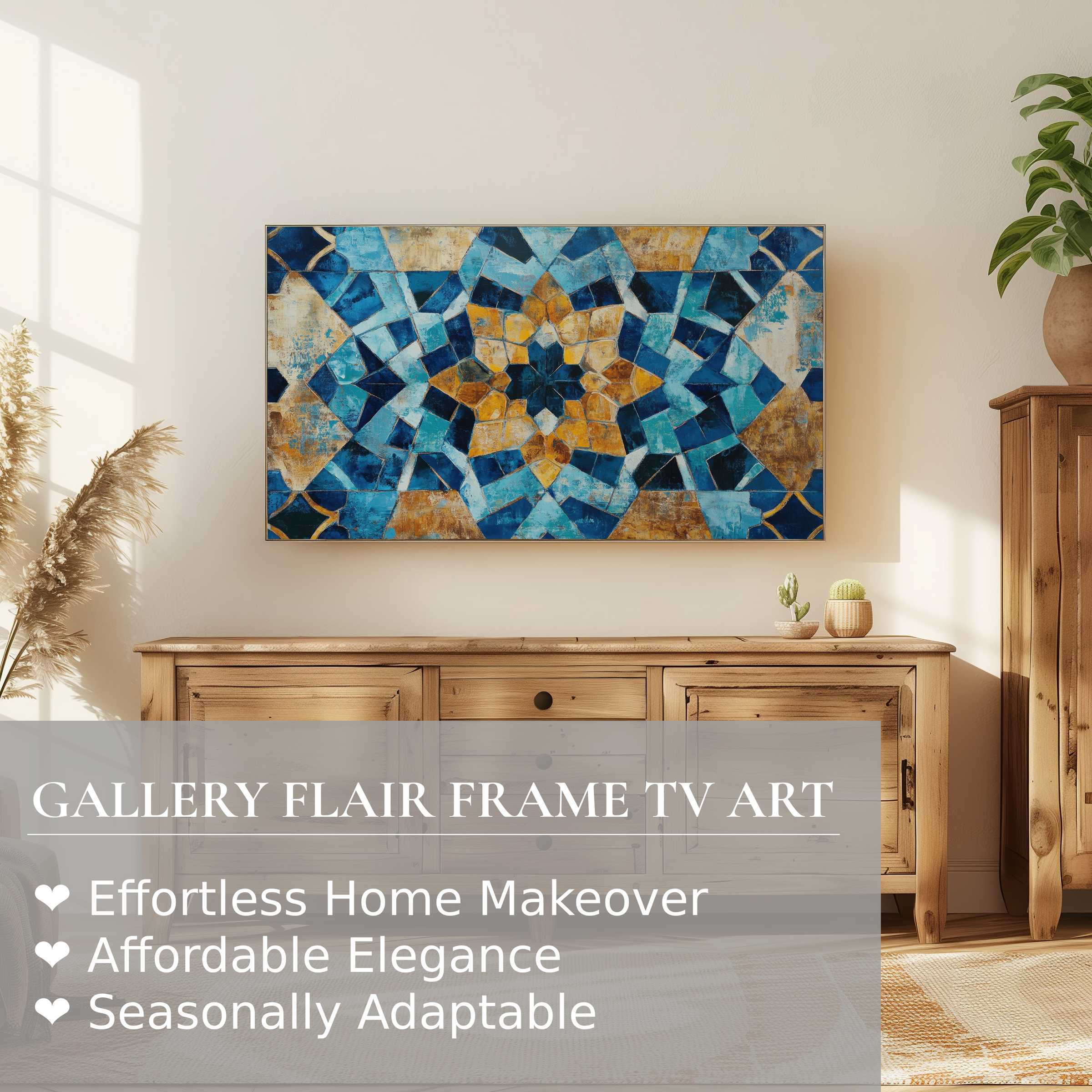 Samsung Frame TV displaying vibrant boho digital artwork in a sunlit, elegant, and modern rustic living space