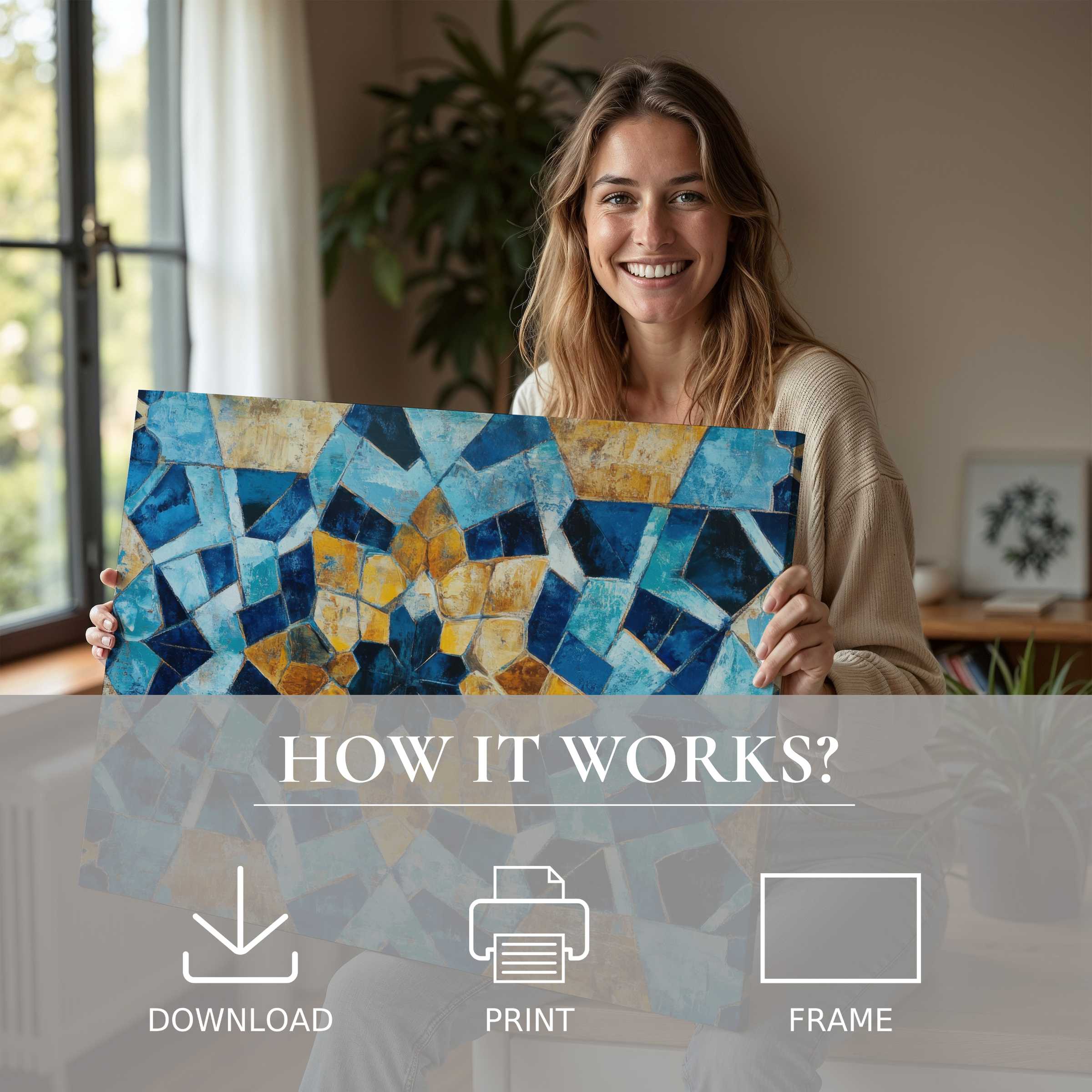 Modern boho digital art print breathes life into a sunlit home, inspiring joy and effortless elegance through vibrant abstract beauty