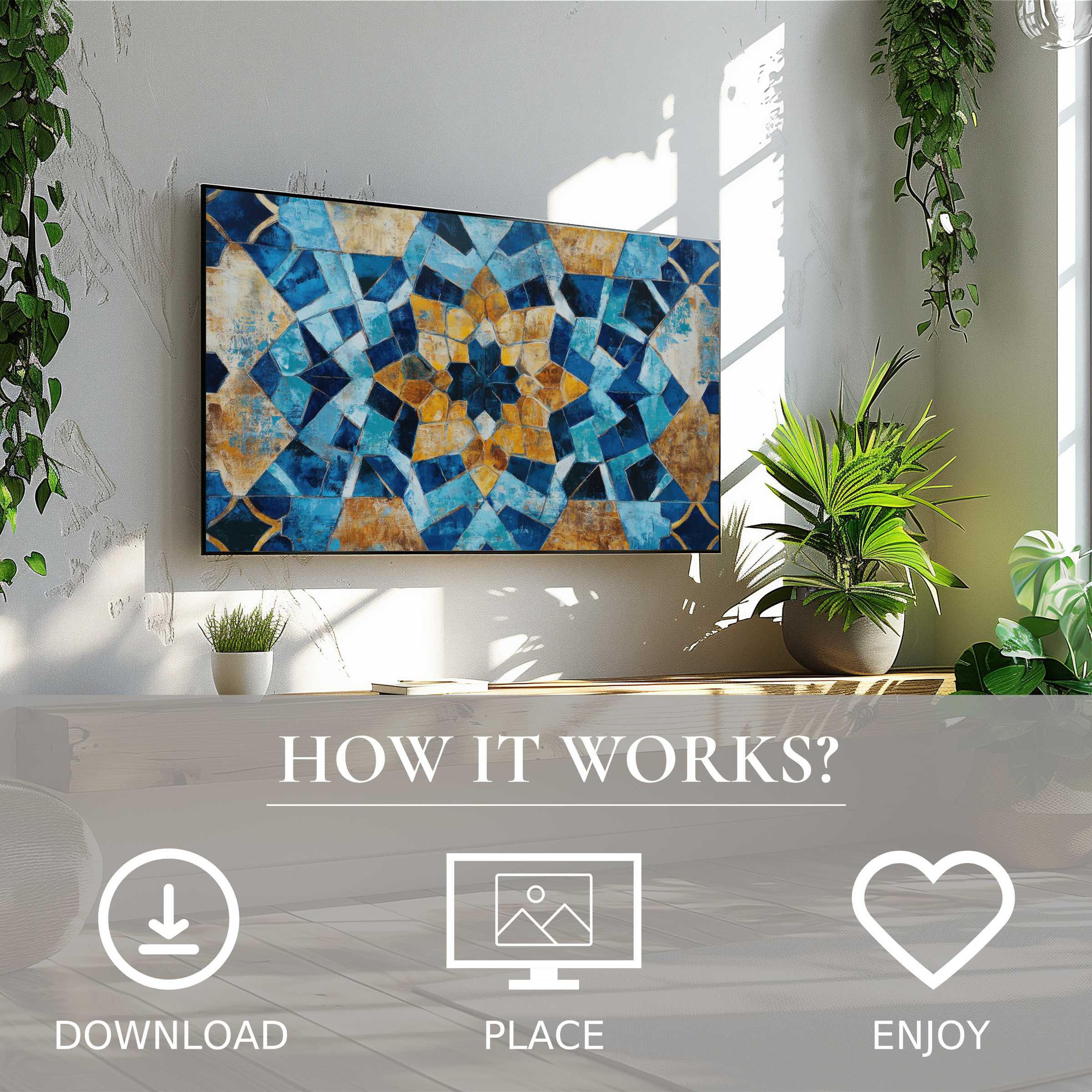 Boho art for Samsung TV with digital download ease, showcasing bold mosaic blue and gold tones enriching minimalist space