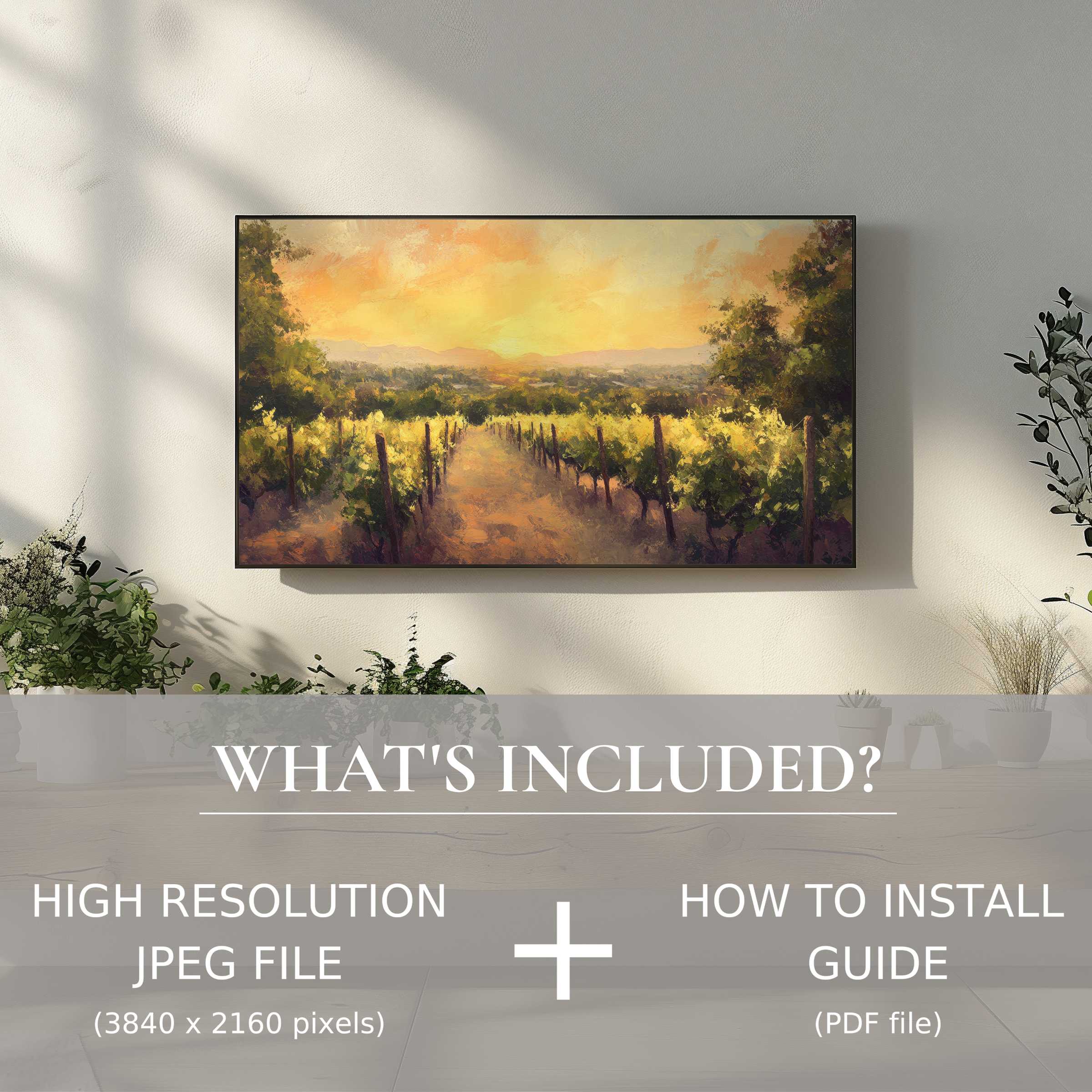 Elegant summer digital TV art download enhances living space with easy digital use, vibrant vineyard scene in modern decor