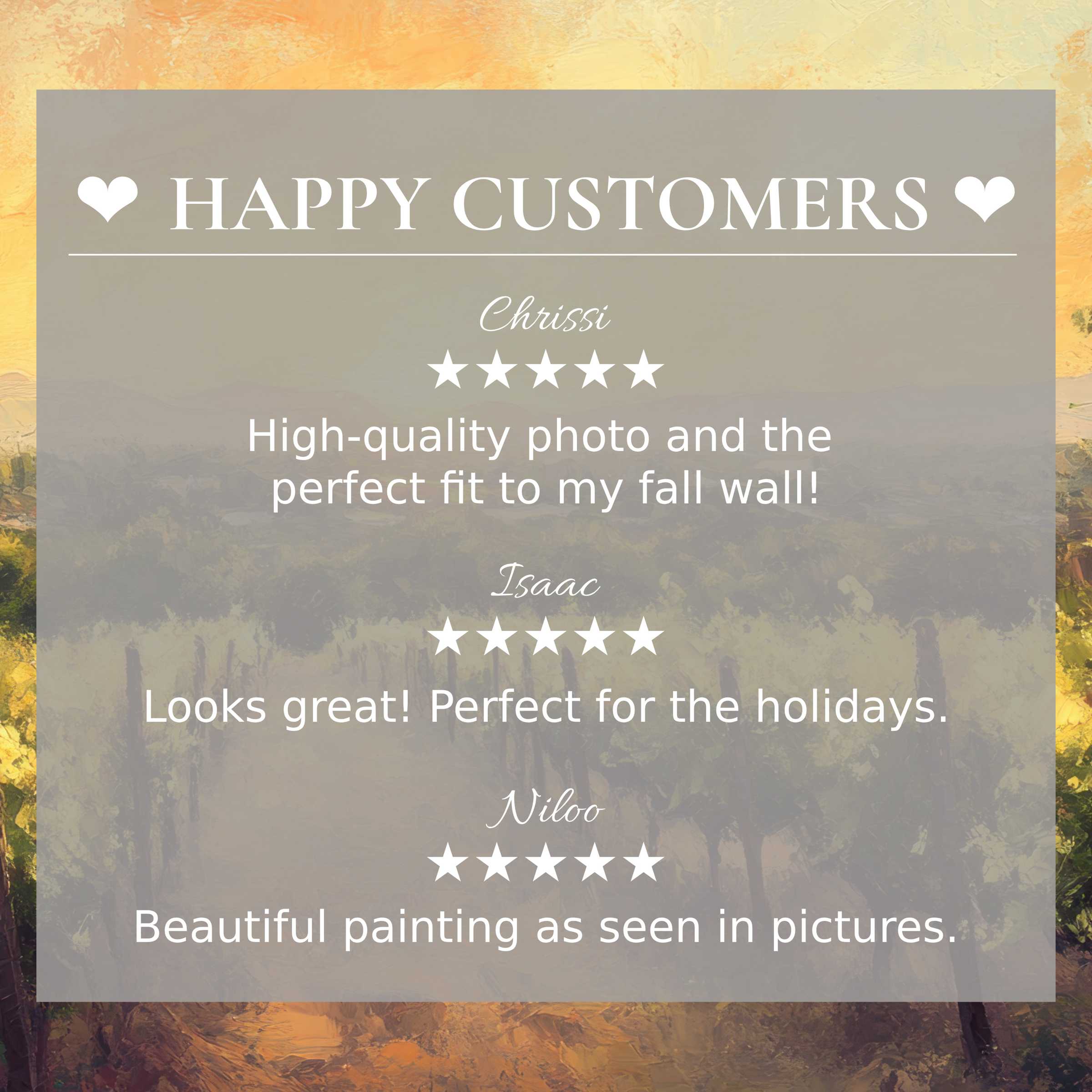 Elegant summer art for Frame TV with abstract sunset colors, showcasing happy customer reviews that inspire trust