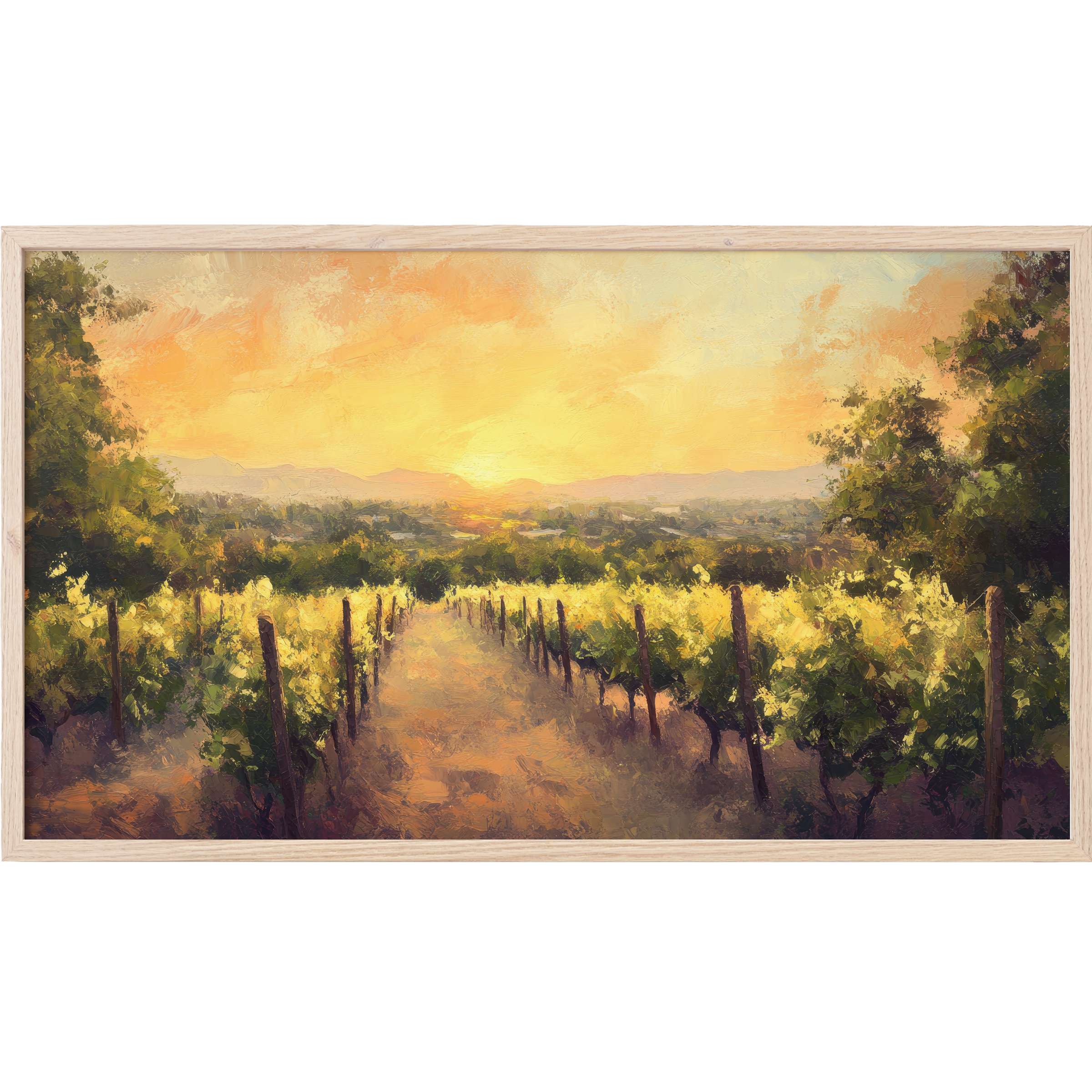 Sunlit vineyard at dusk with warm yellows and greens in an impressionist style, summer Frame TV Art