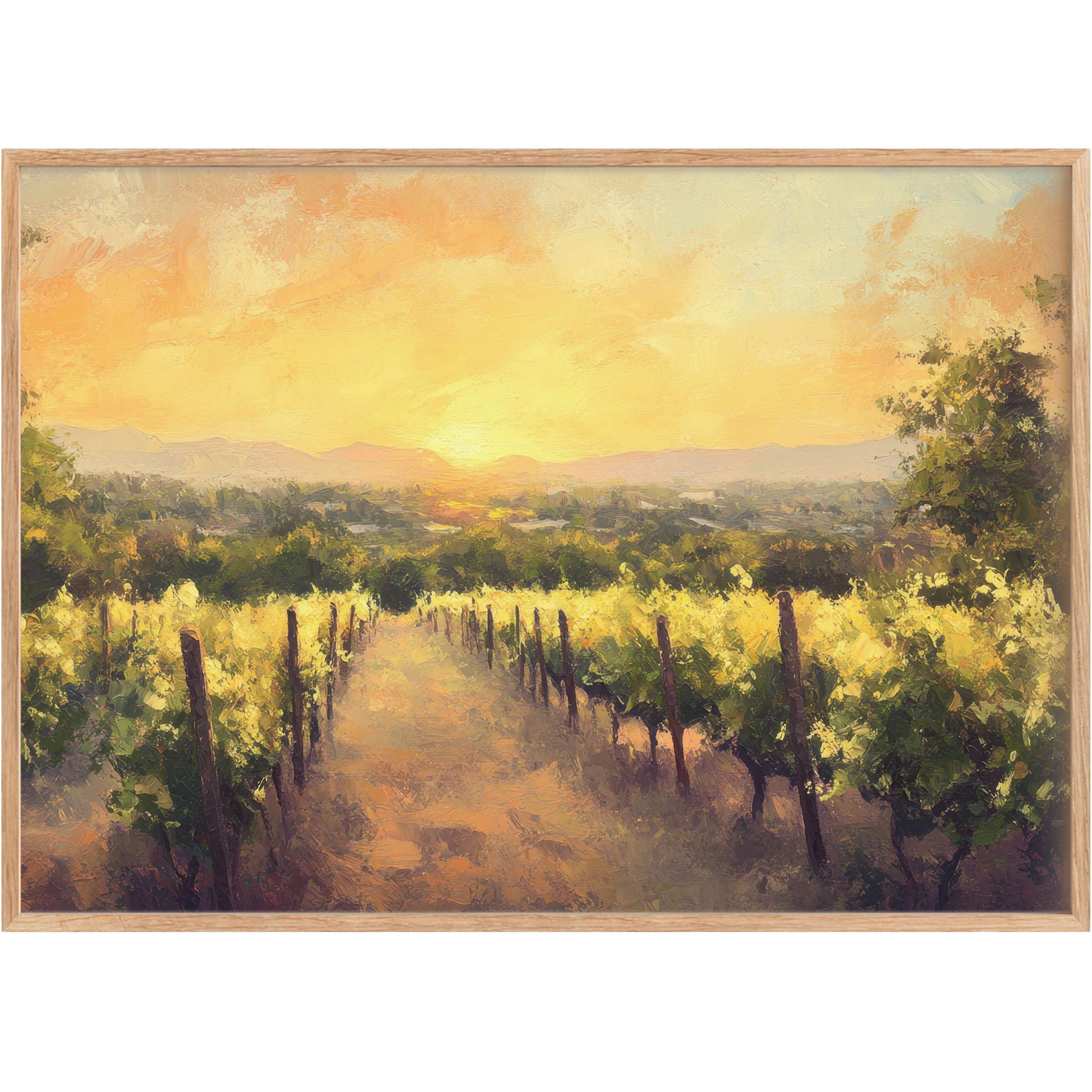 Sun-kissed vineyard pathway at golden hour, evoking warm serenity with rich yellows and soft greens-perfect summer printable wall art