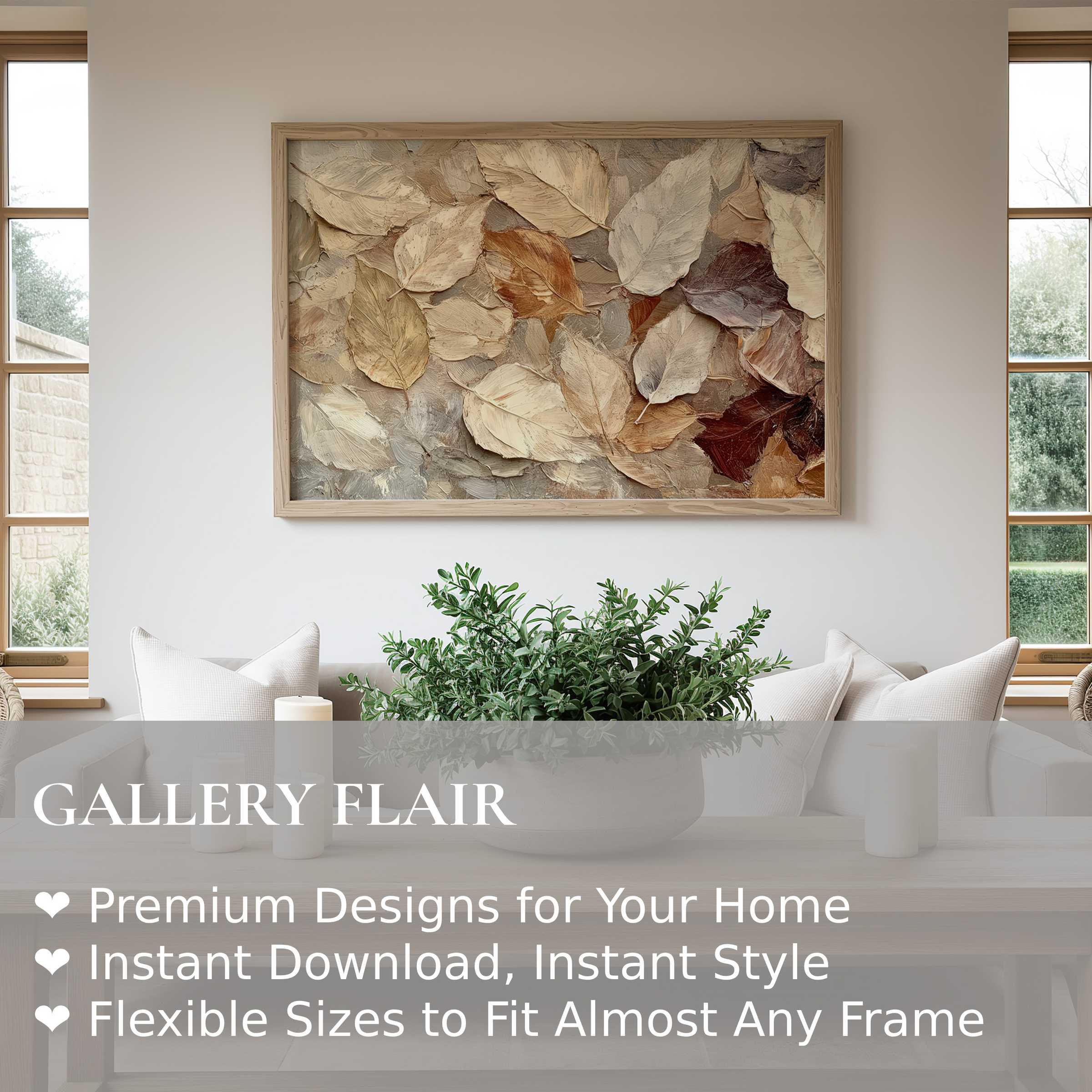 Elegant fall wall art print featuring textured autumn leaves in warm neutrals, enriching a modern minimalist living space with calming, organic charm