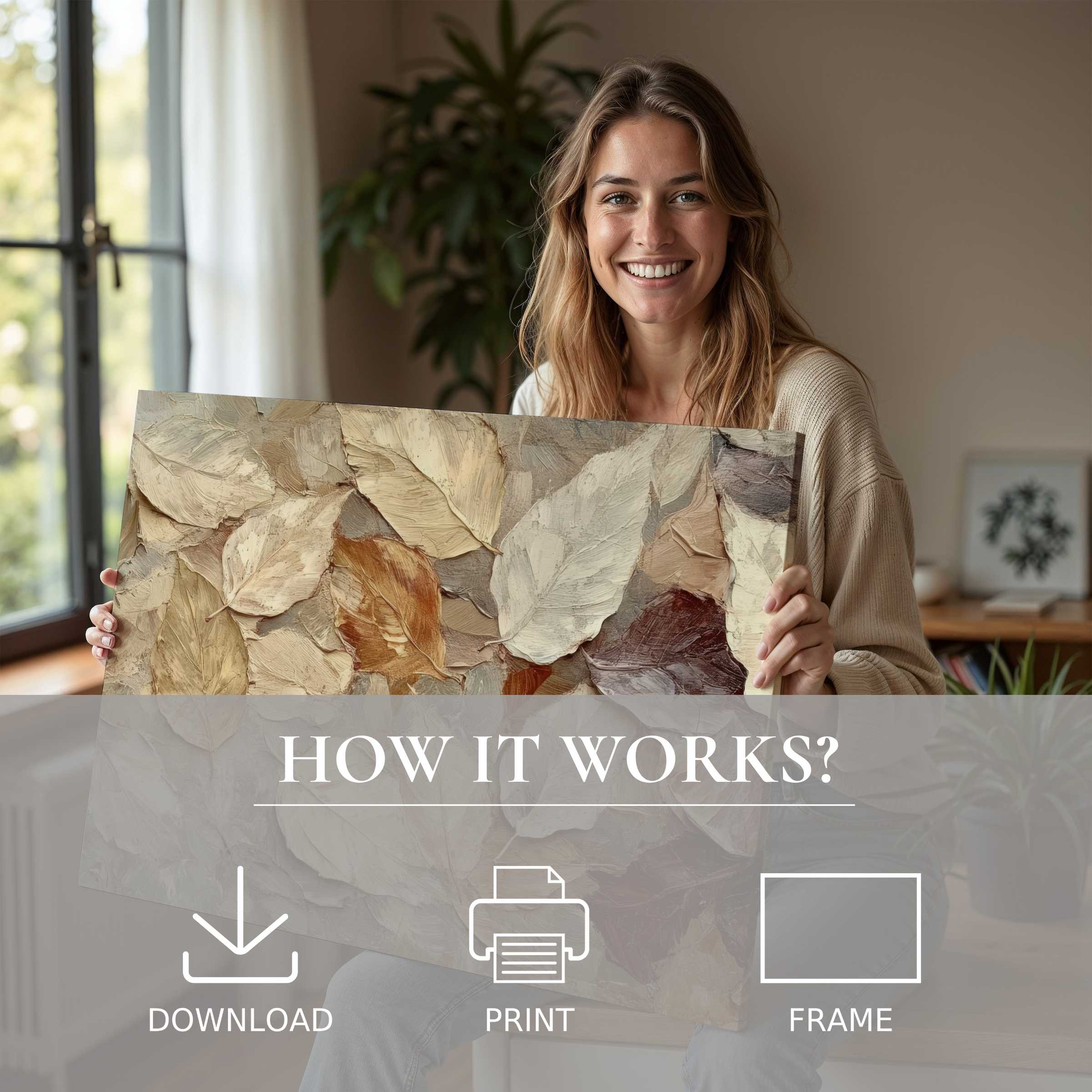 A serene moment in a modern home, embracing fall digital art print’s warm textures, elevating everyday living with ease