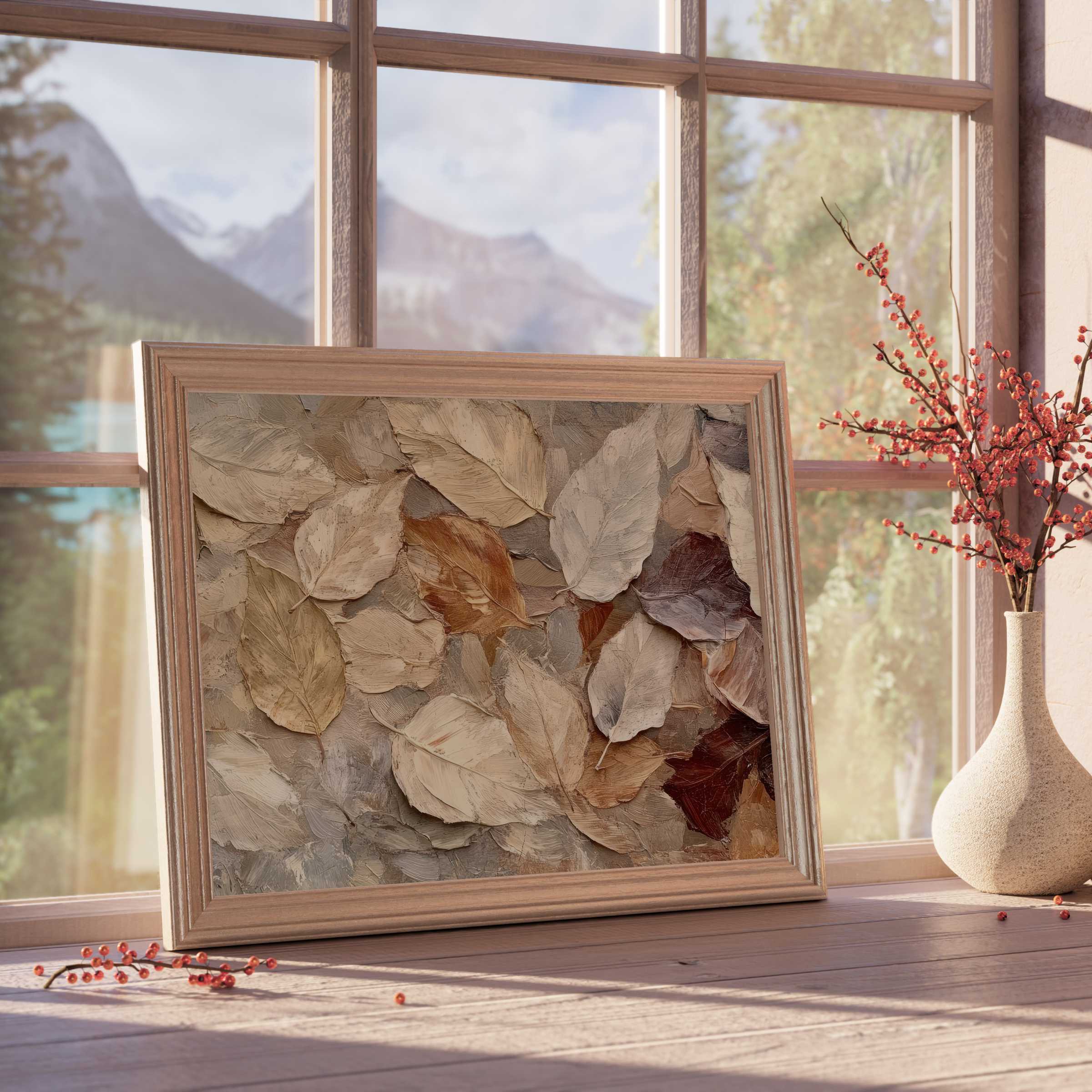 Elegant fall downloadable art featuring textured autumn leaves in warm neutrals, perfect for serene, curated interiors