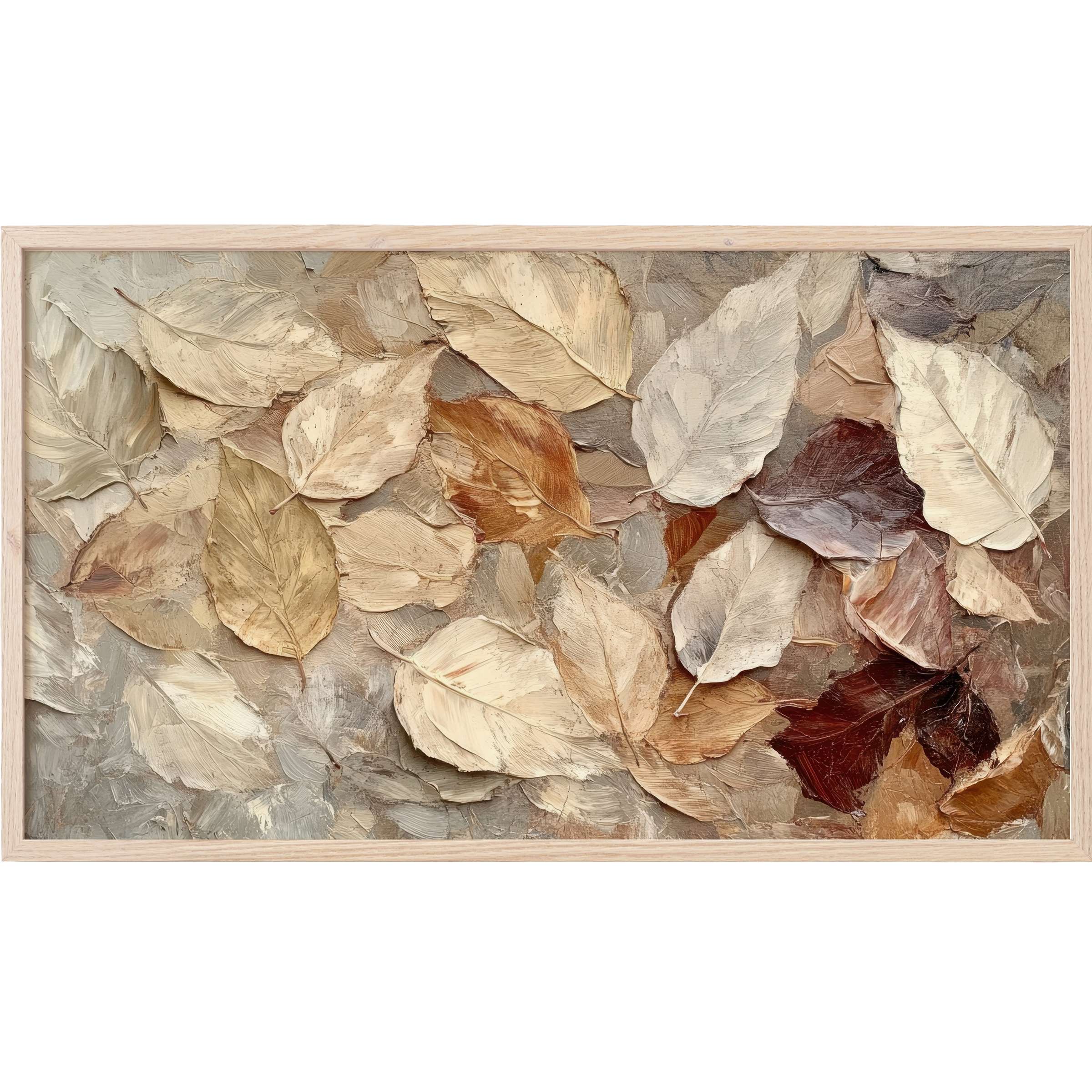 Fall Frame TV Art with textured, layered leaves in warm taupe, beige, cream, and rust hues for modern elegance