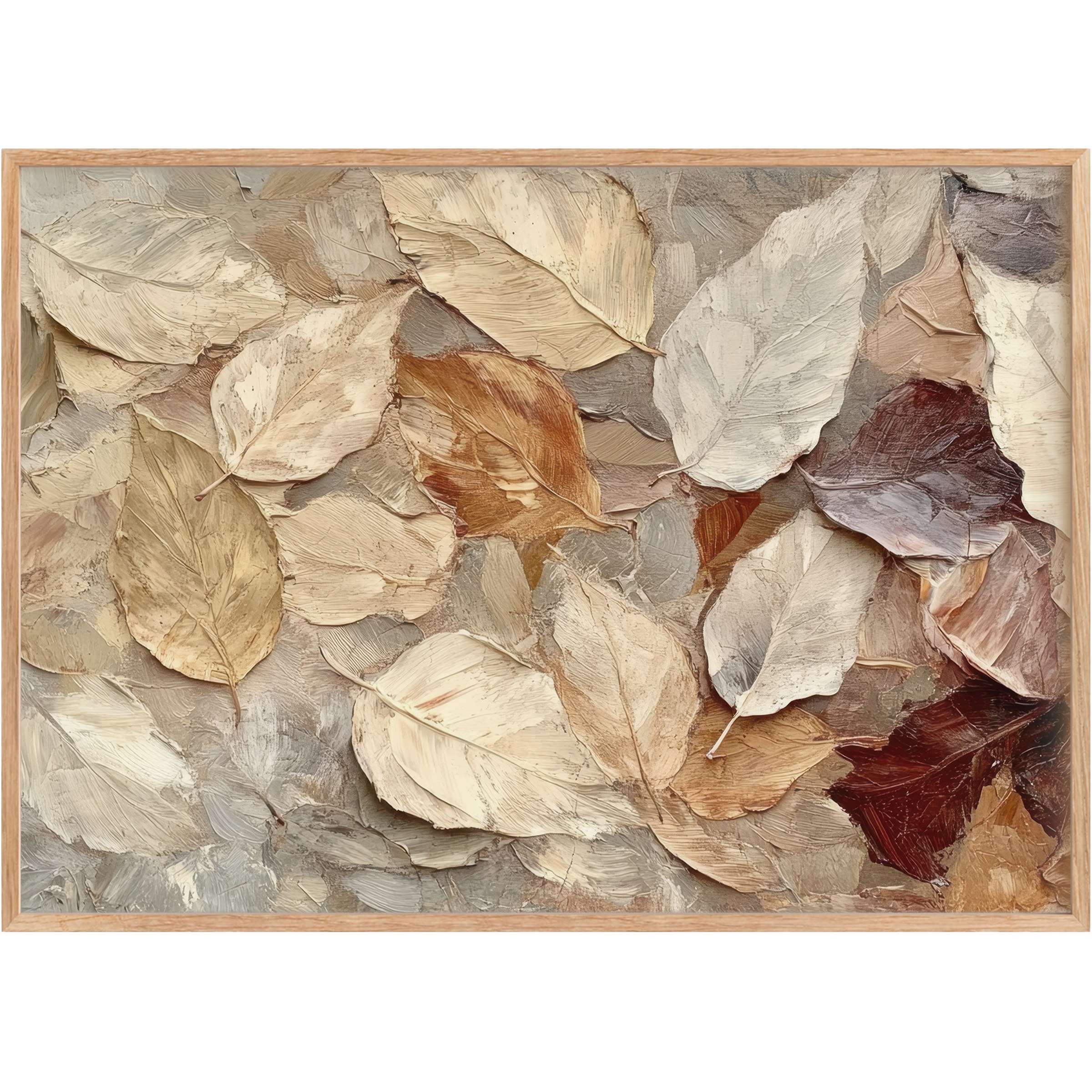 Elegant fall printable wall art featuring textured leaves in warm creams, soft browns, and muted reds, evoking a serene autumnal calm