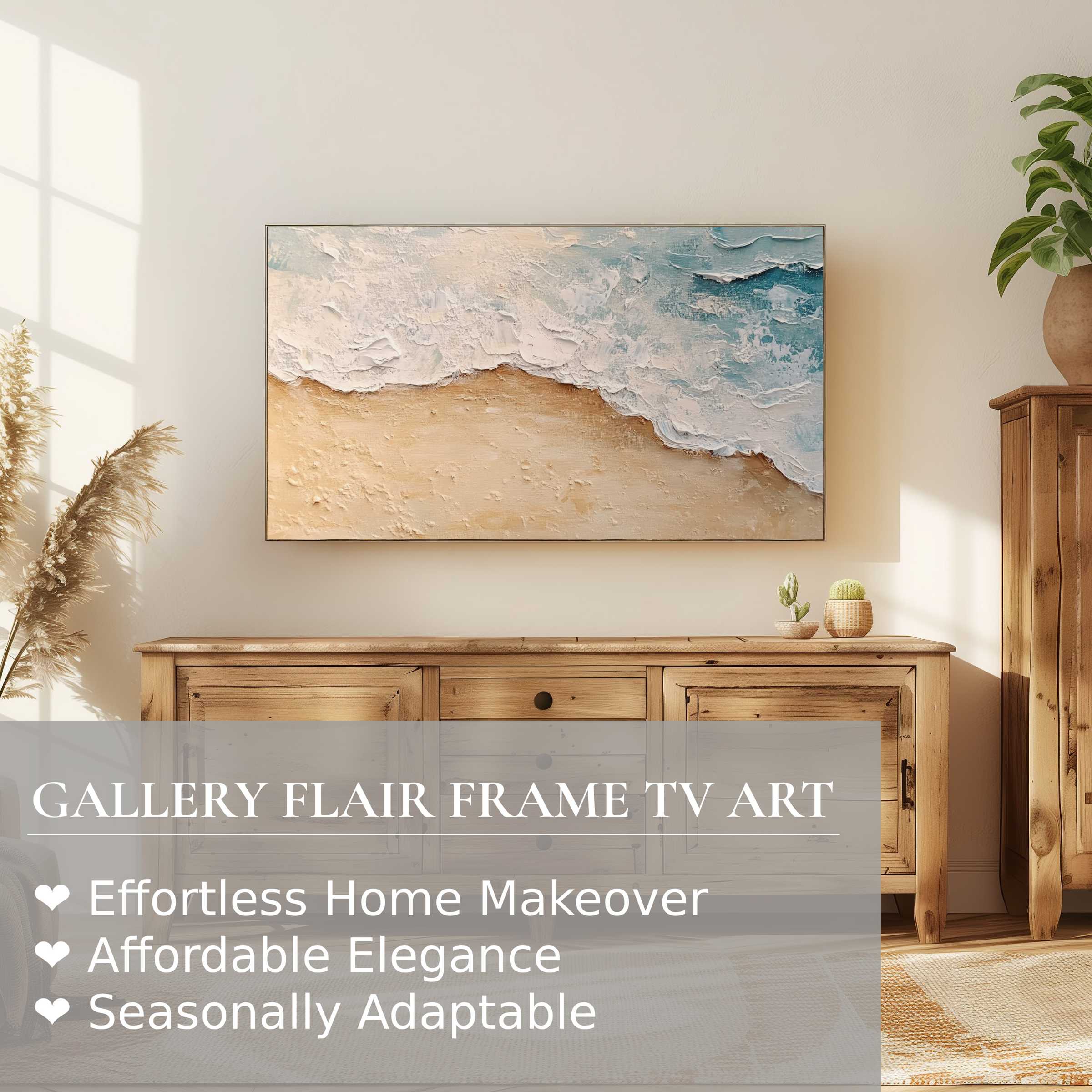 Samsung Frame TV displaying coastal digital artwork in a serene, modern living space with warm natural accents