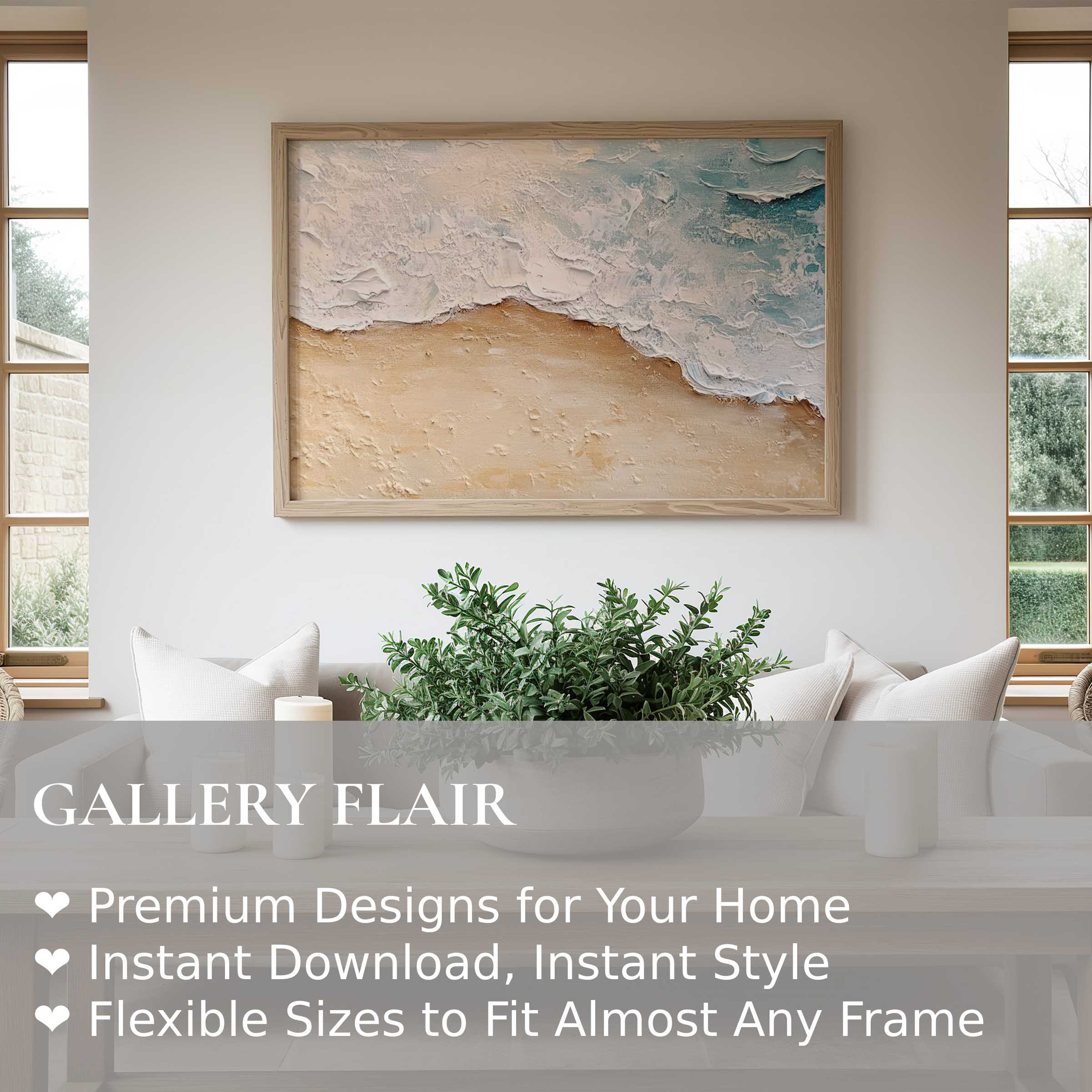 Coastal wall art print featuring textured, calming ocean waves and sandy shore; elevates modern, minimalist living spaces with serene beach elegance