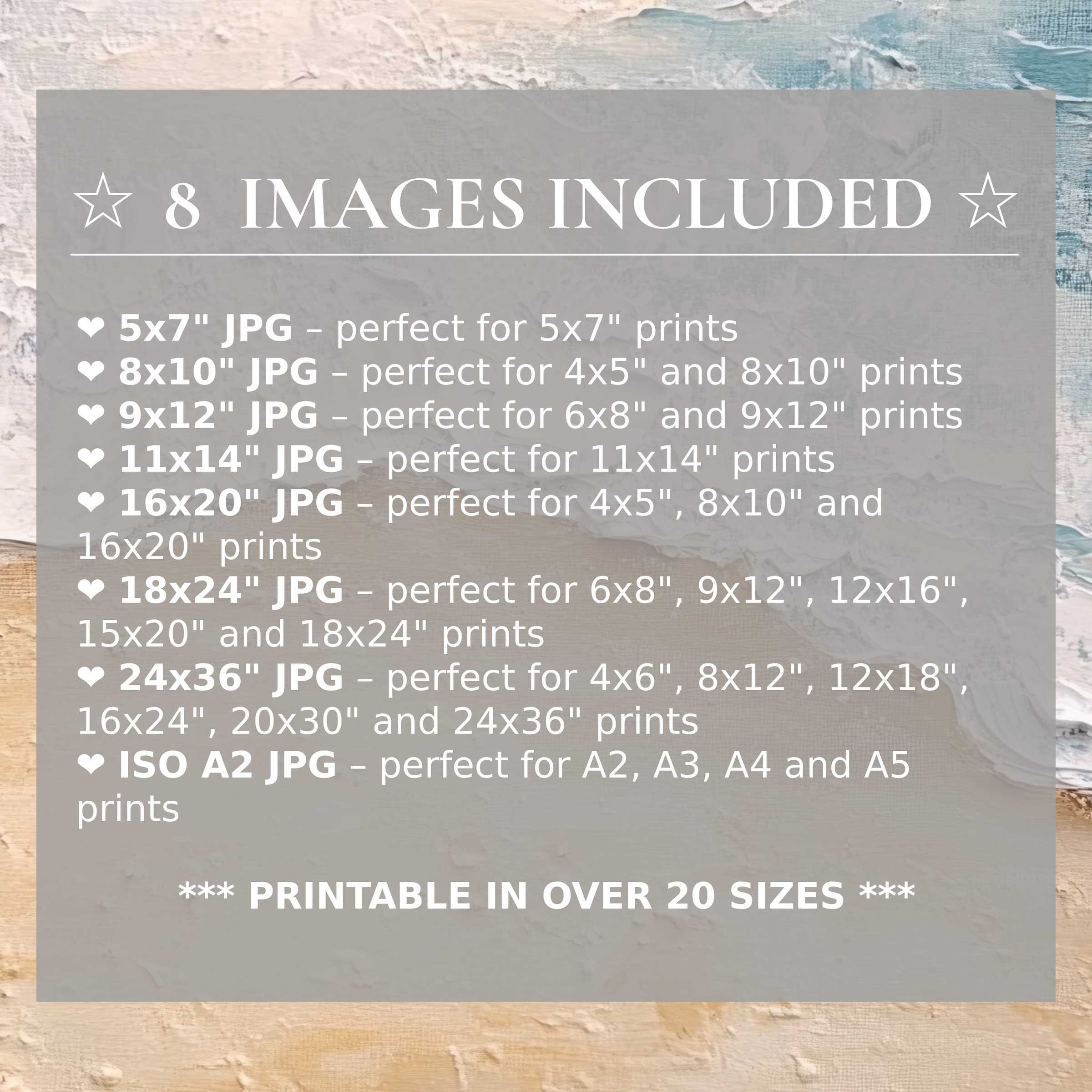 Coastal digital print radiates calming blues and sandy neutrals, elevating modern interiors with refined style and 8 premium sizes included