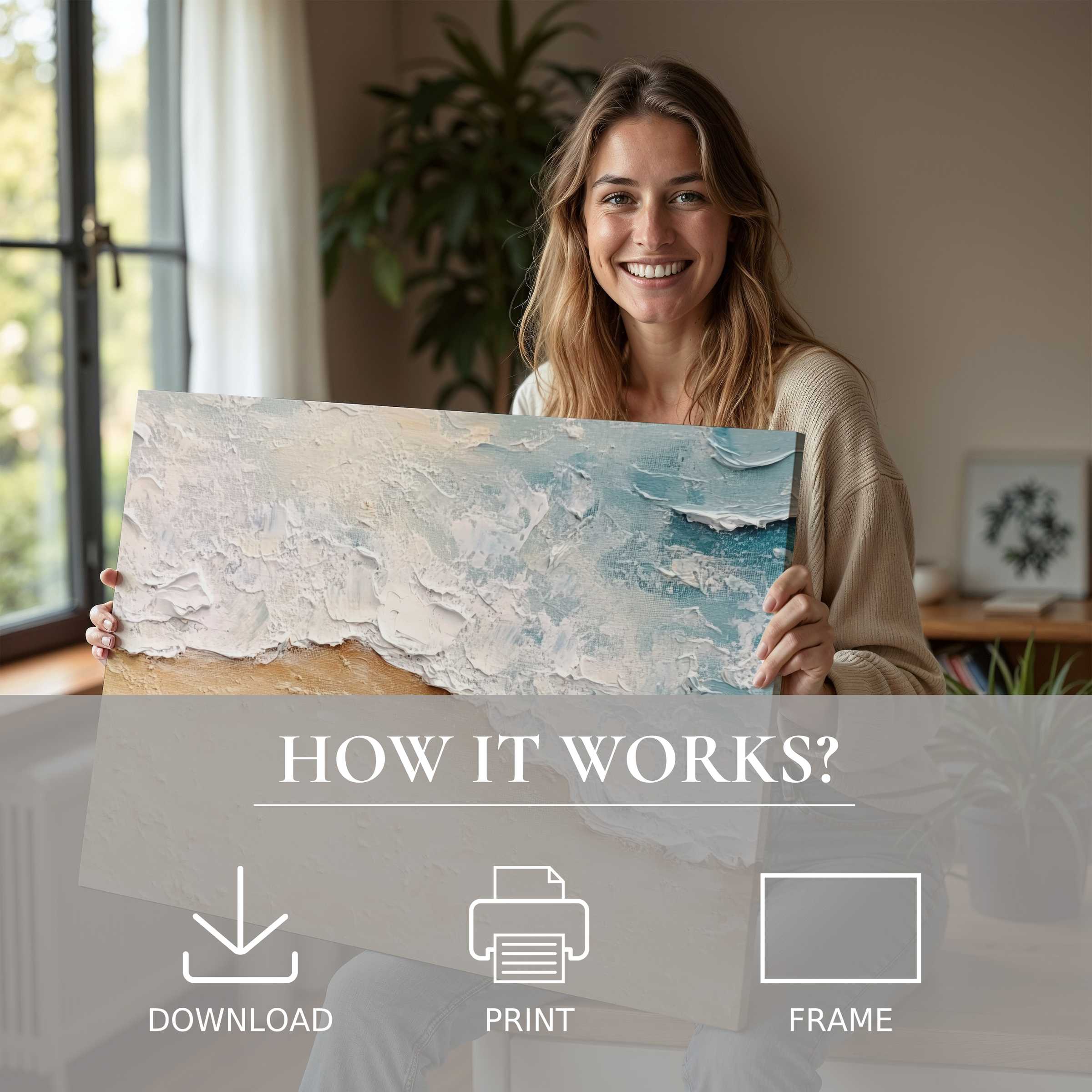 Coastal digital art print inspiring joy and connection, effortlessly elevating a chic modern home with serene, textured ocean hues