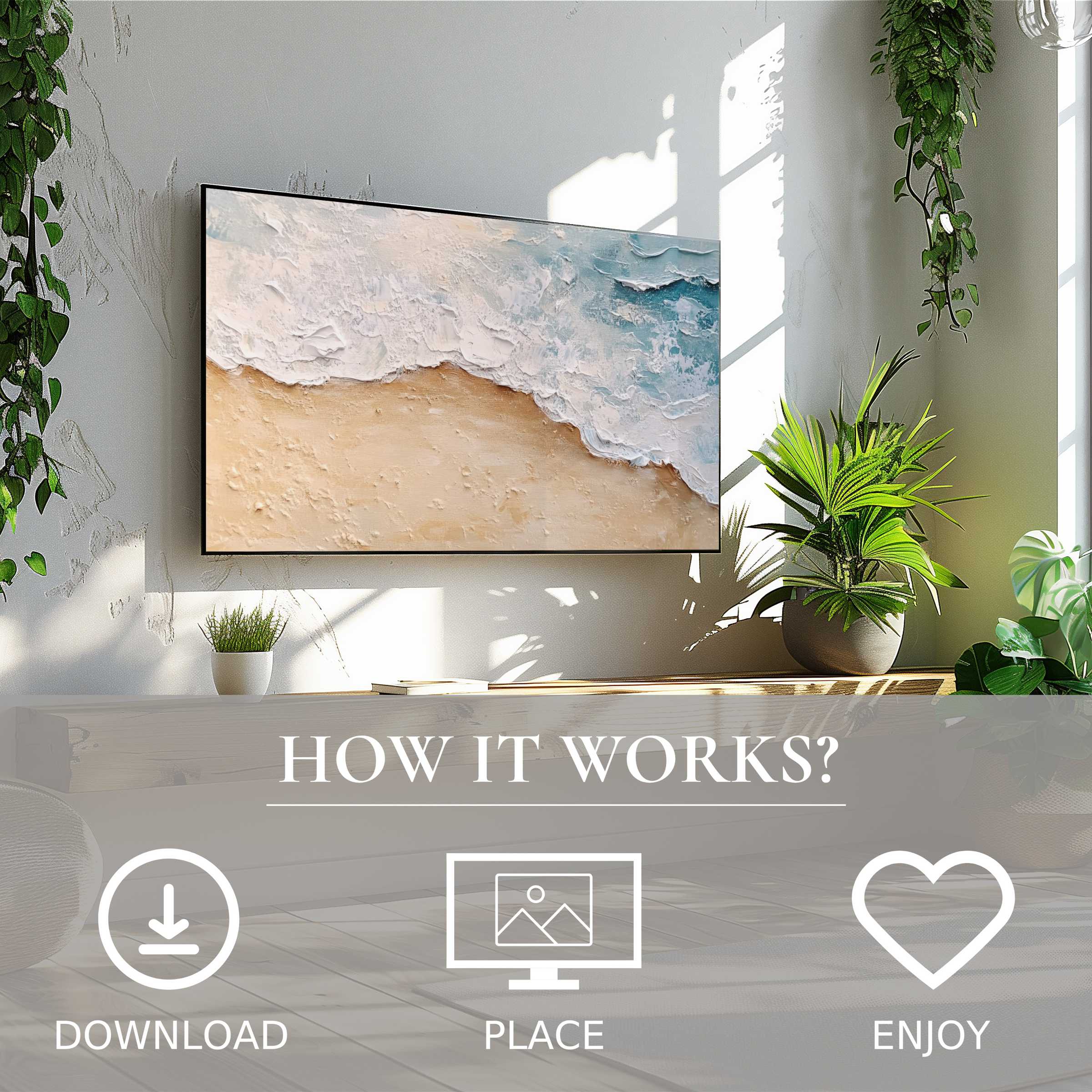 Coastal art for Samsung TV with textured beach tones, easy digital download enriches modern living spaces beautifully