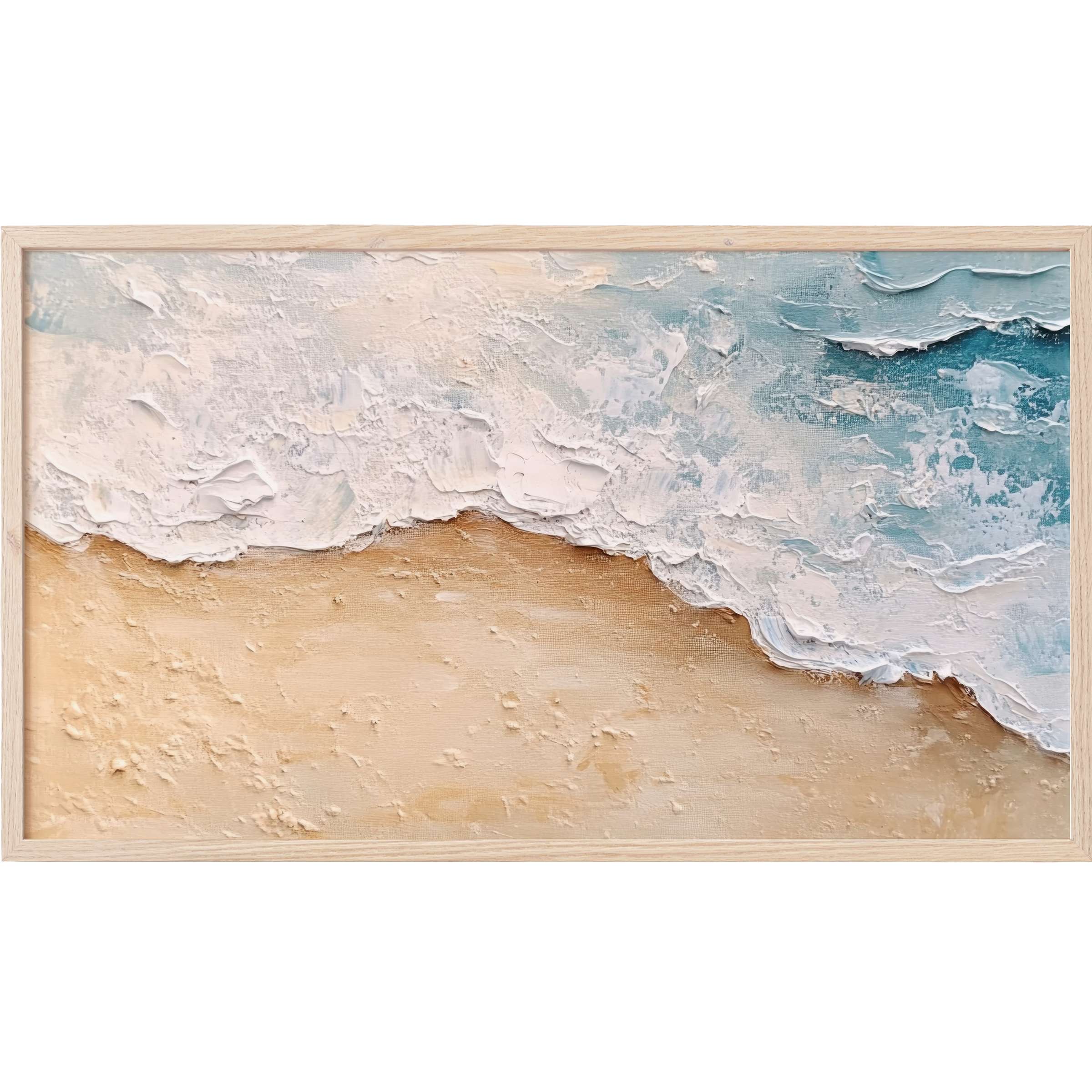 Coastal Frame TV Art featuring textured waves in soft blues and sandy beiges, elegant modern coastal style