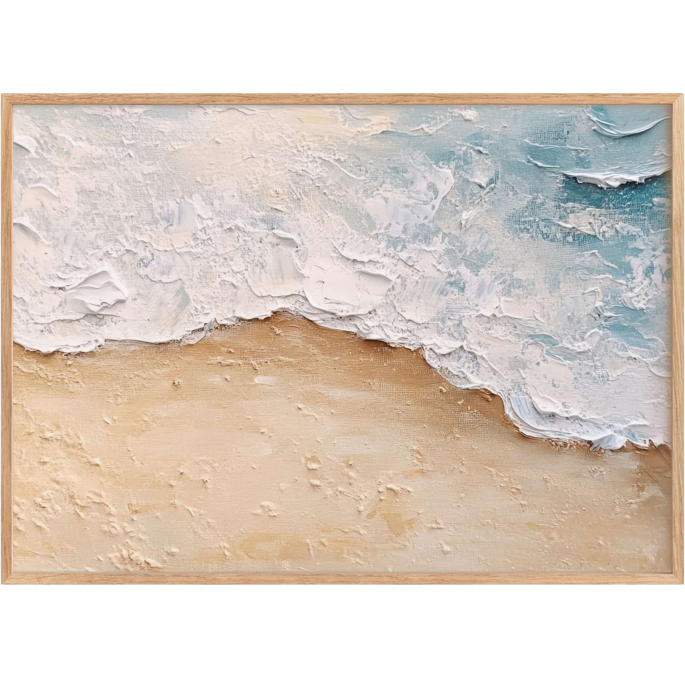 Coastal printable wall art capturing serene sandy shores and frothy seafoam in soft beige and aqua hues, evoking calm elegance