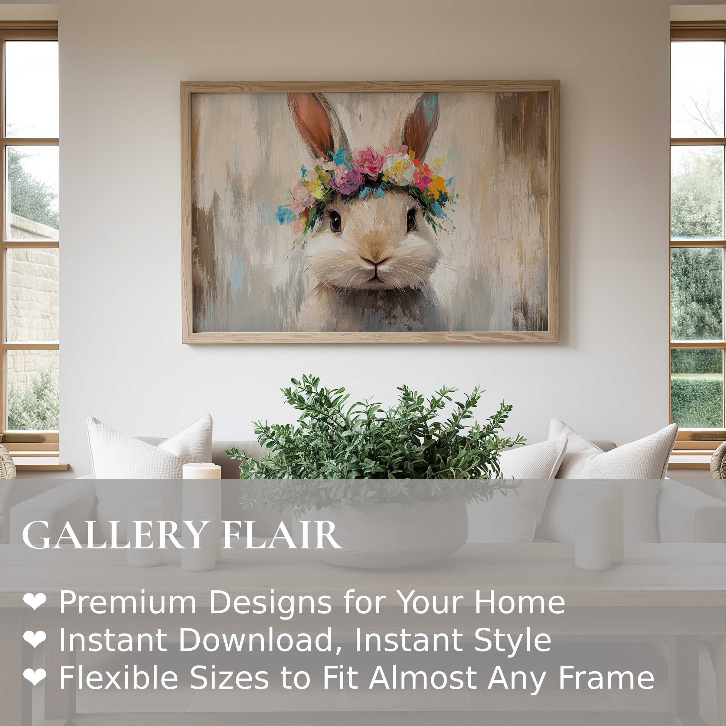 Easter wall art print featuring a charming bunny with a vibrant floral crown, adding a soft, joyful touch to modern minimalist interiors