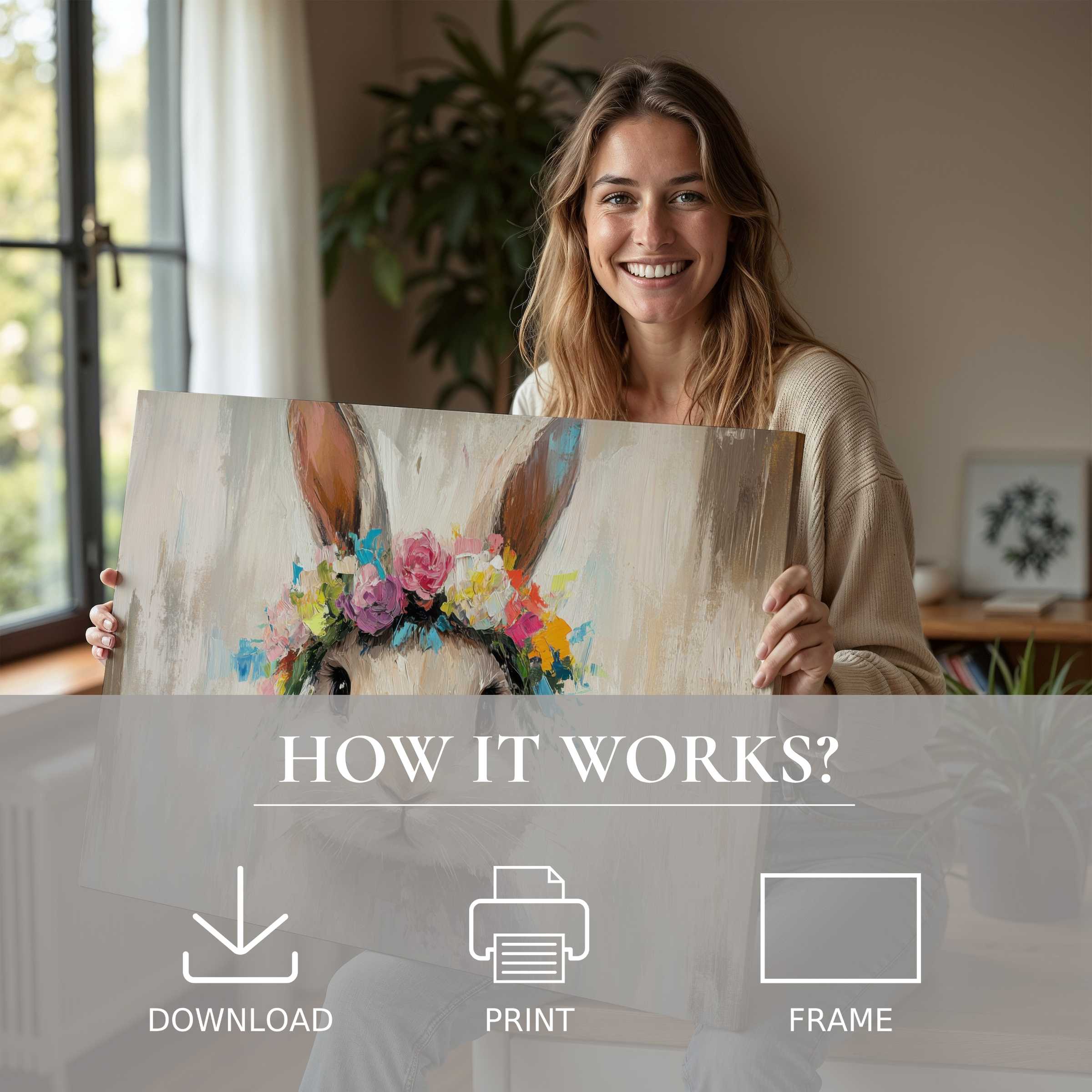 A joyful moment in a sunlit modern home, revealing the serene charm of an easter digital art print enlivening walls