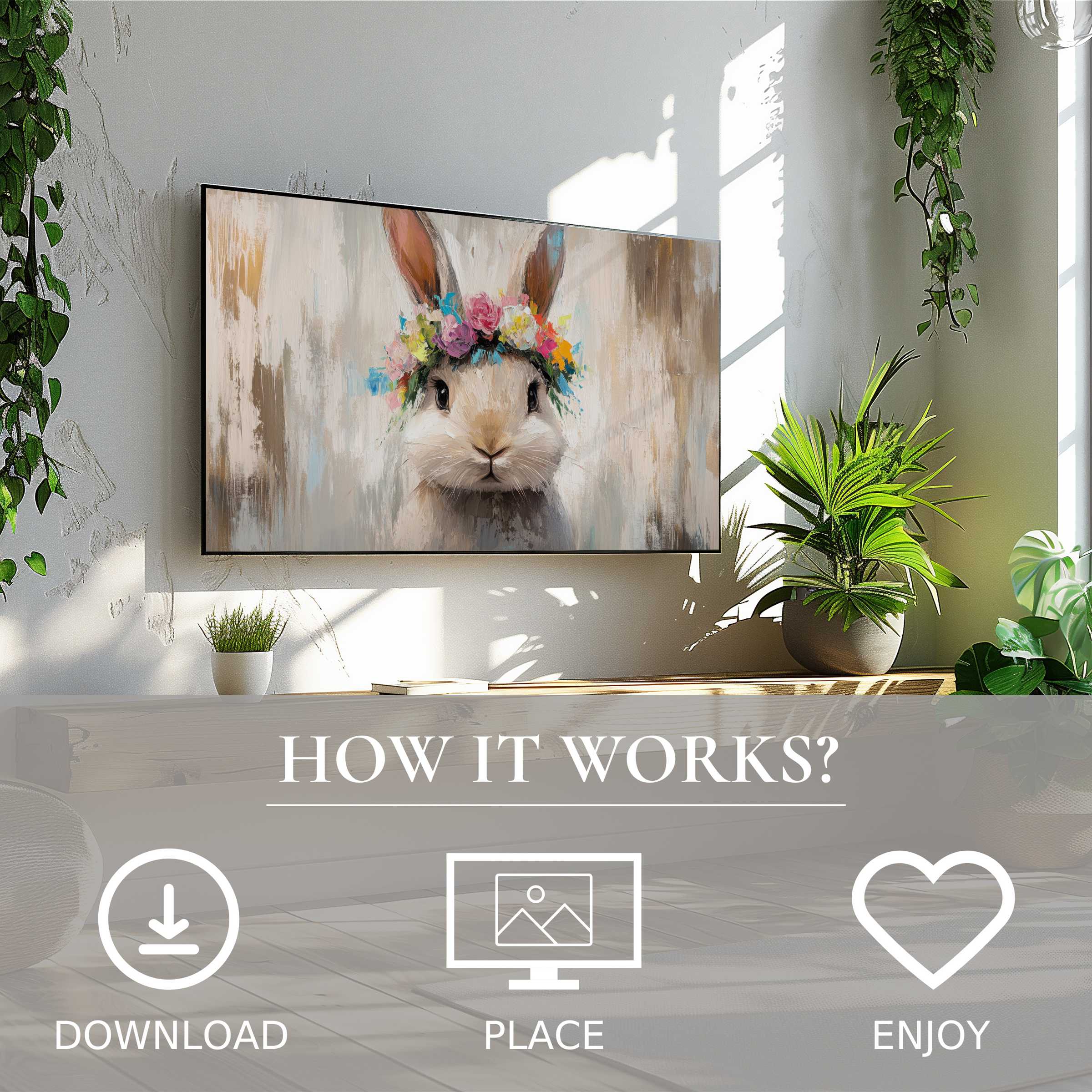 Easter art for Samsung TV shows soft pastel floral bunny in bright, modern room; digital download enriches decor easily