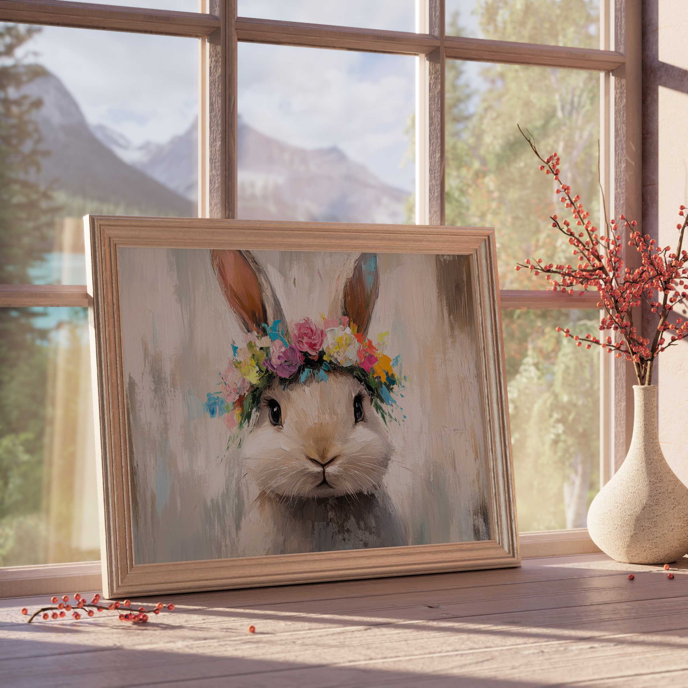 Easter downloadable art featuring a serene bunny crowned with vibrant florals, perfect for tranquil, elegant living spaces