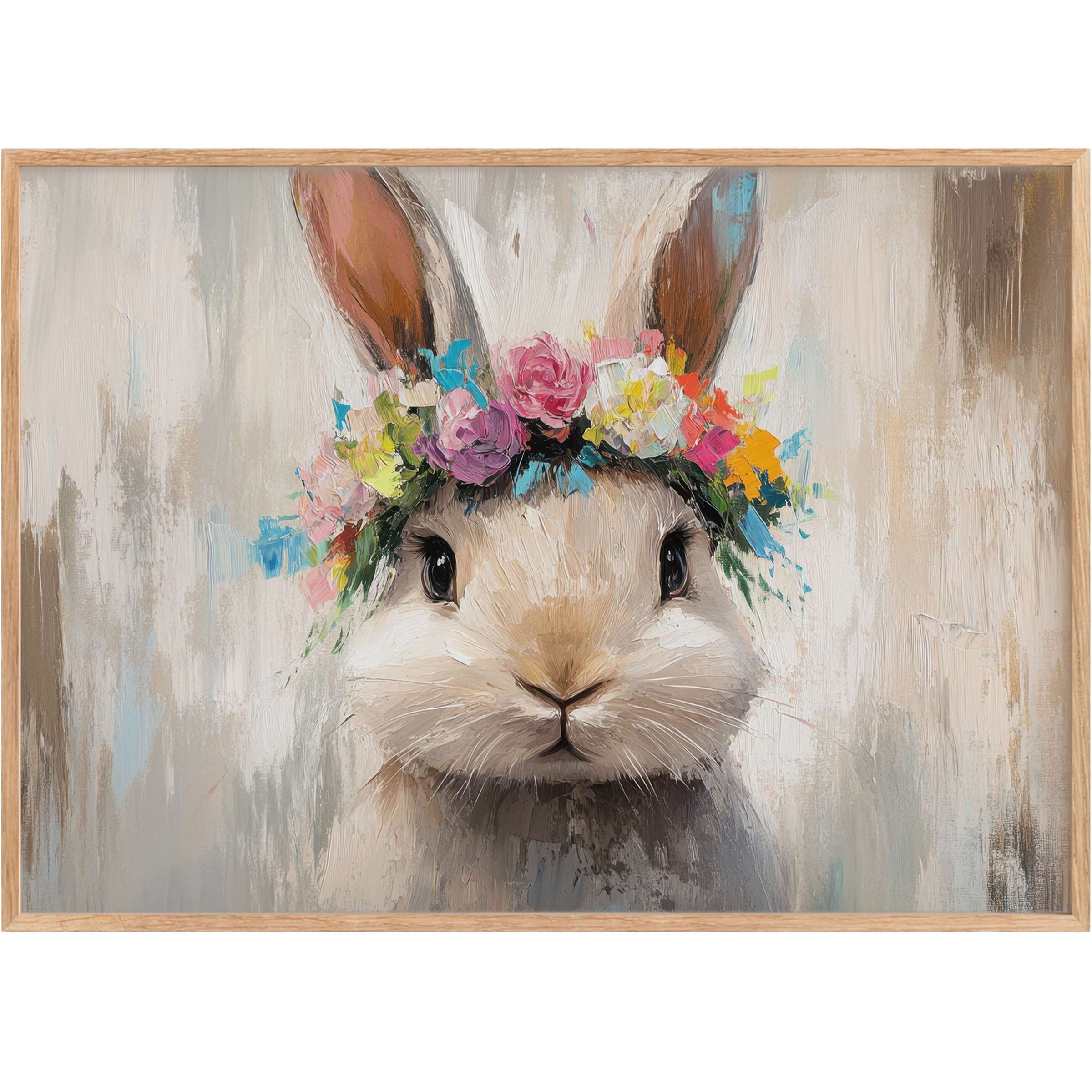 Charming easter printable wall art features a soft-hued bunny with a vibrant floral crown, evoking a radiant, joyful ambiance