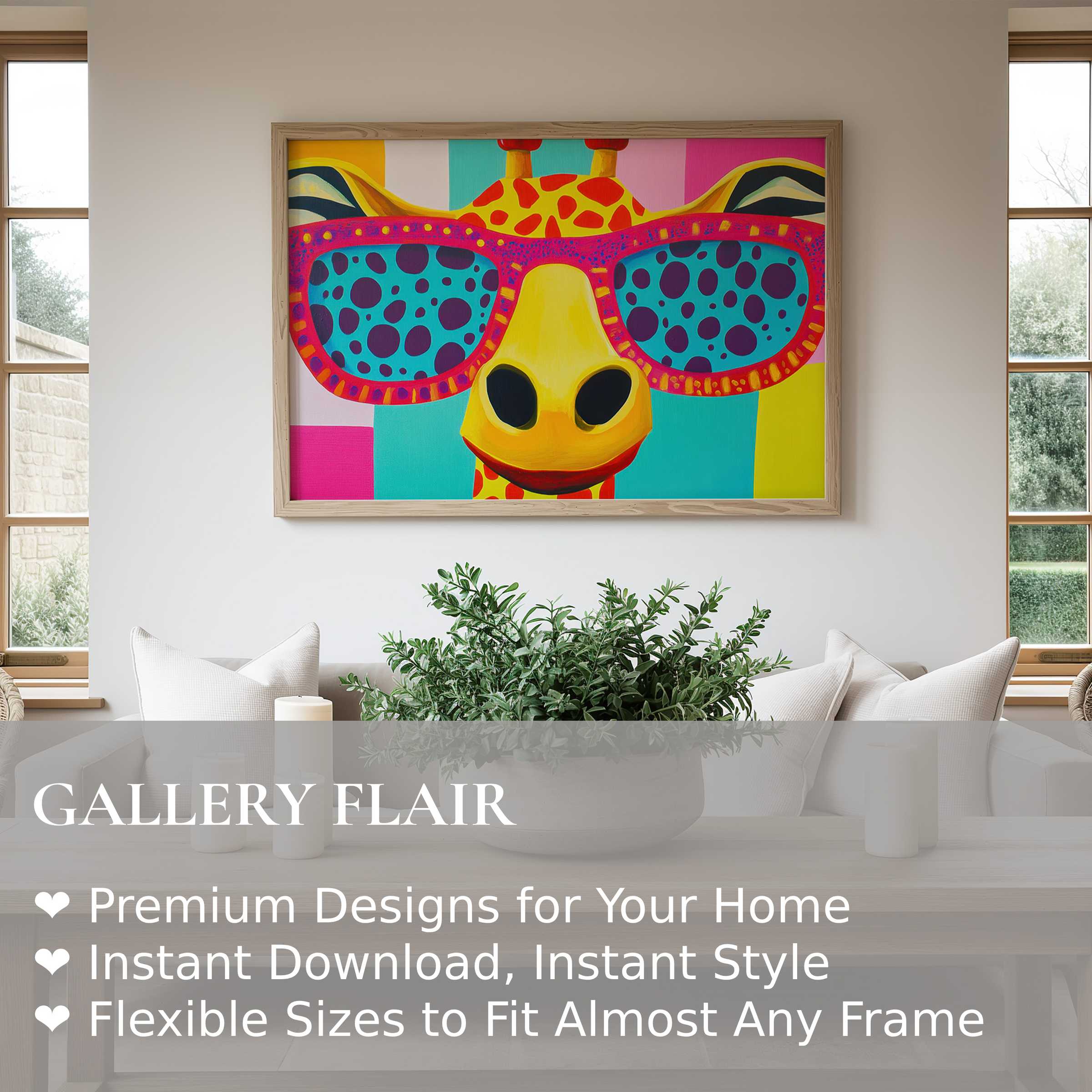 Bold pop art wall art print of a giraffe with playful sunglasses, radiating vibrant charm in a modern minimalist living space
