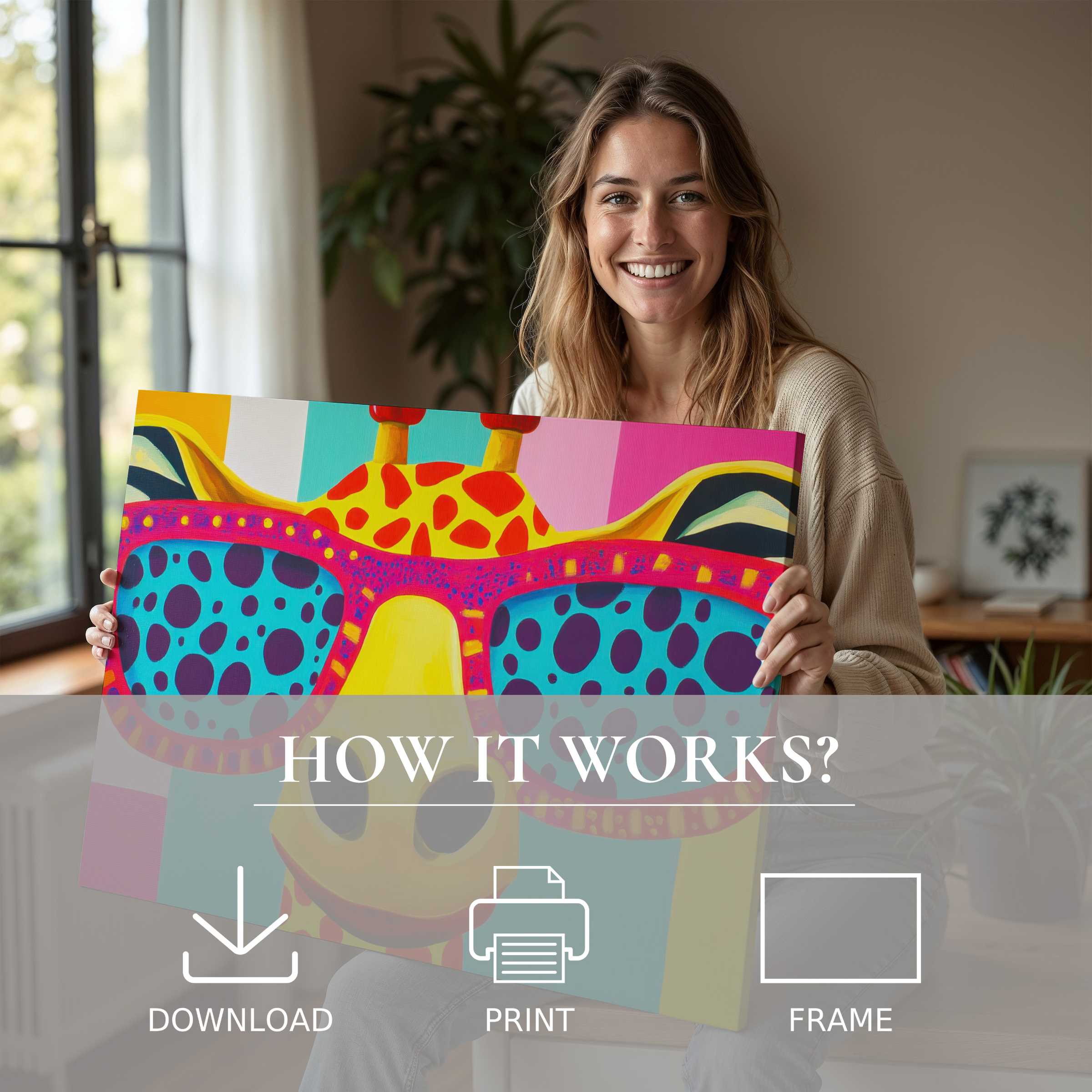 A joyful moment of serene connection as vibrant pop art digital art print transforms a modern home with effortless elegance