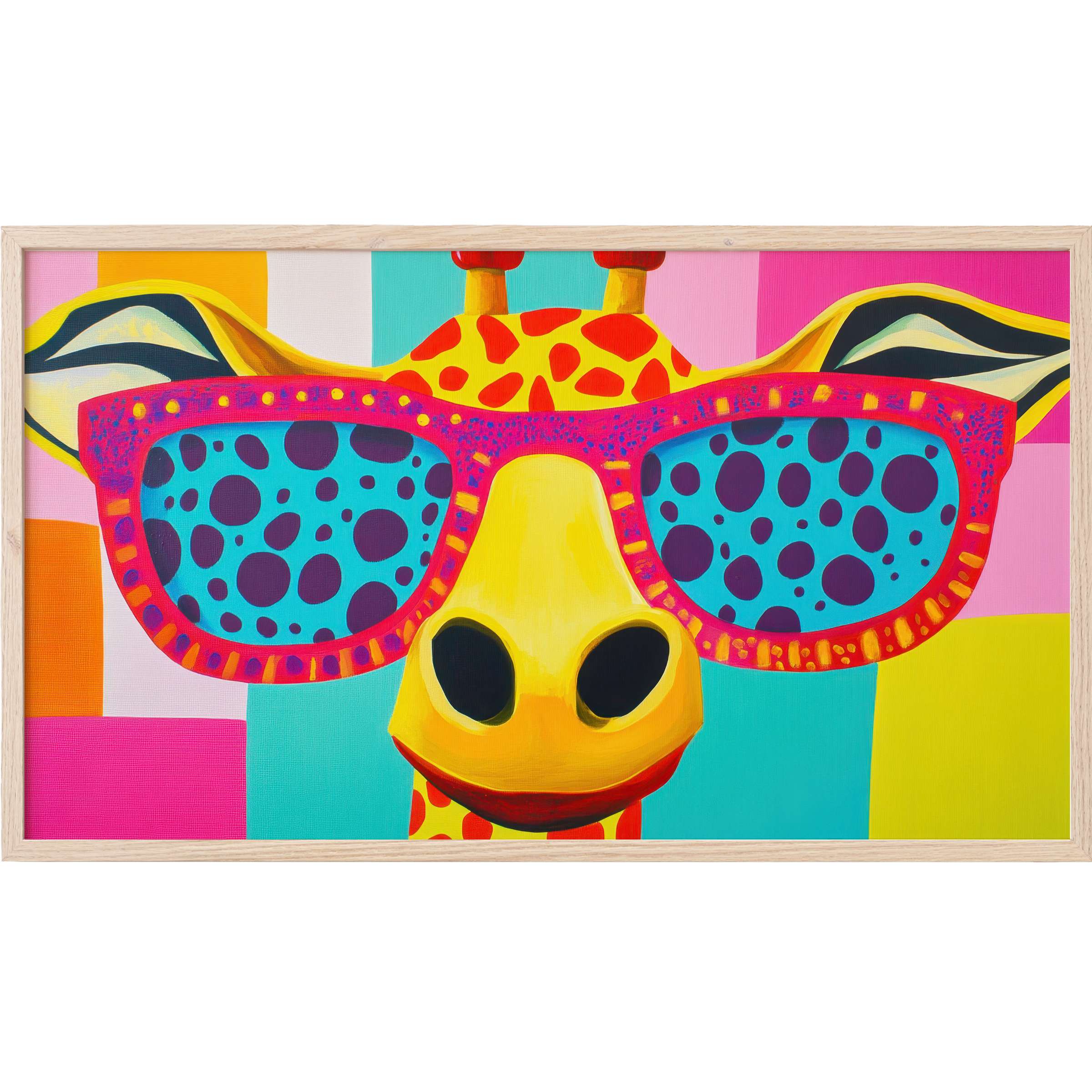 Vibrant pop art Frame TV Art of a cheerful giraffe in oversized spotted sunglasses, with bold, playful colors