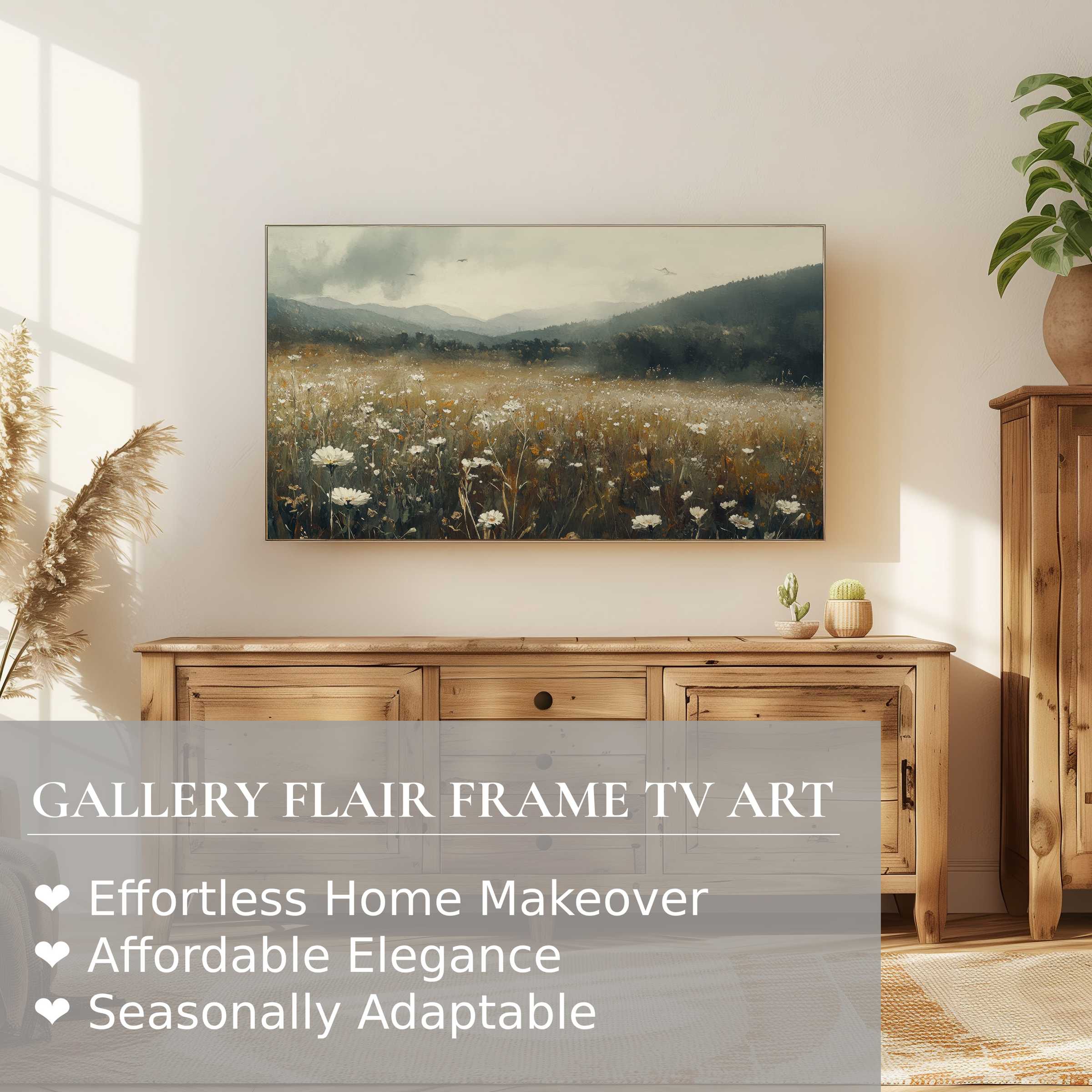 Samsung Frame TV displaying serene botanical digital artwork in a modern, sunlit living space with natural wood decor