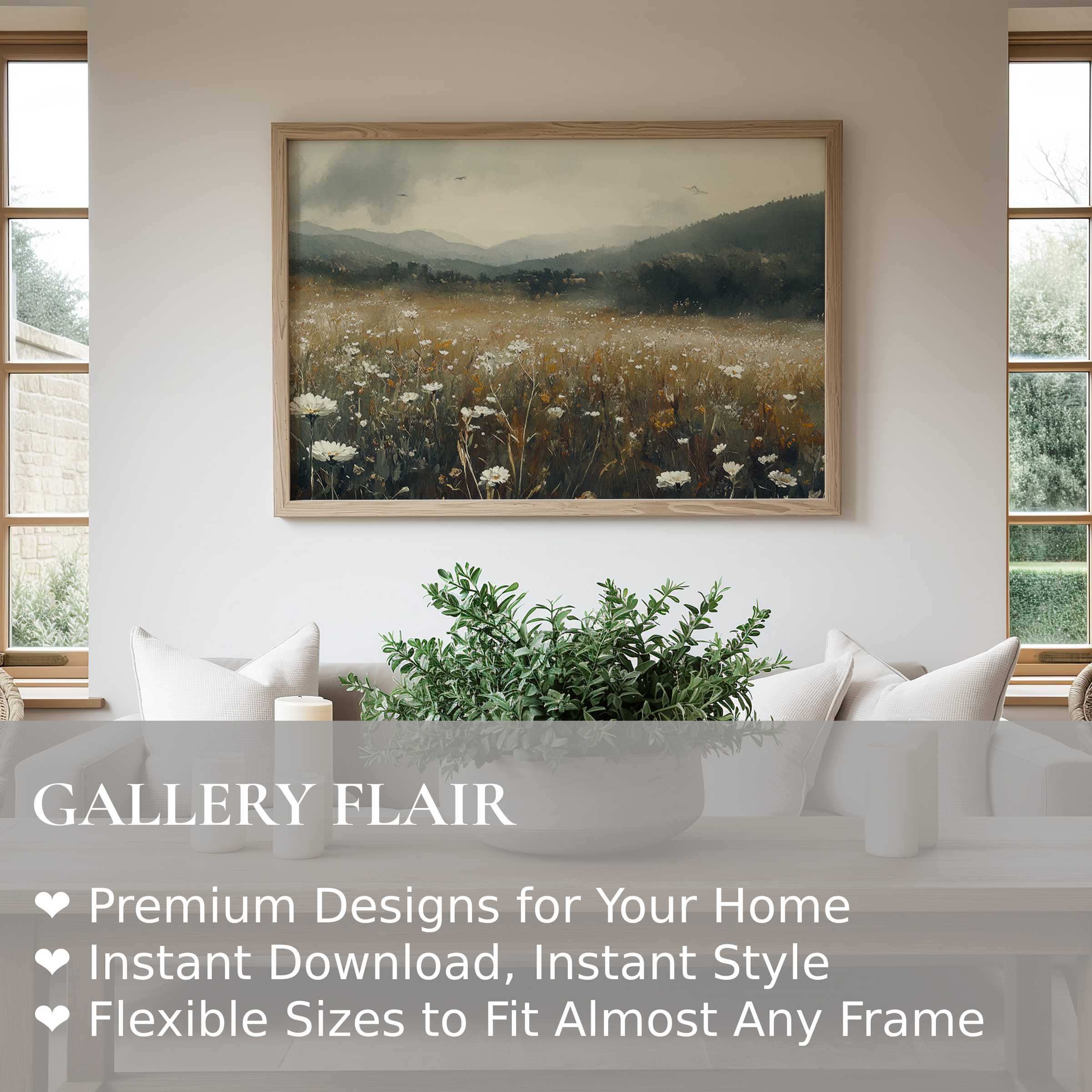 Botanical wall art print featuring a serene wildflower meadow in muted earth tones, enhancing modern minimalist spaces with soft, calming elegance