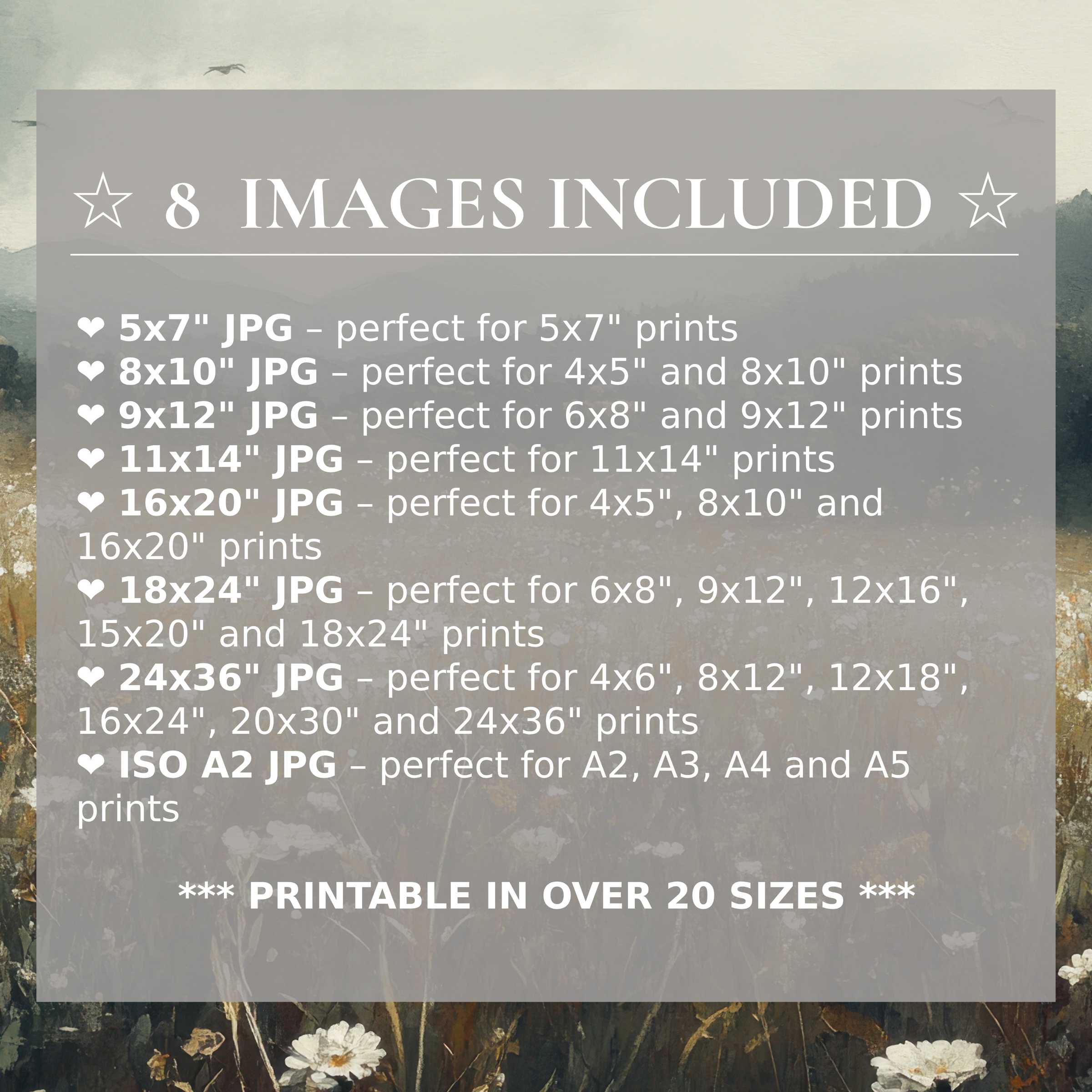 Botanical digital print in radiant whites and deep greens, delivering calming elegance and style in 8 high-quality sizes included