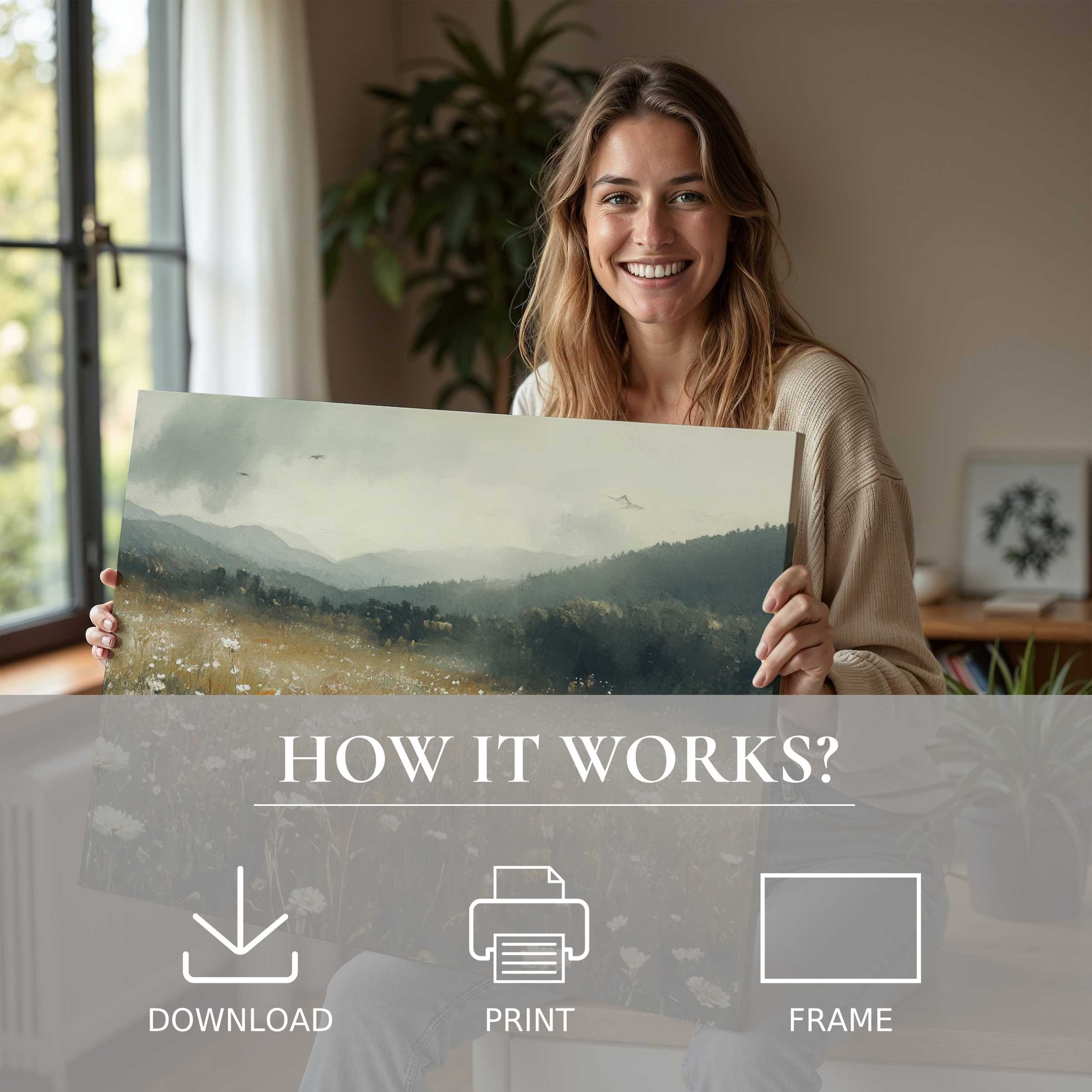 A serene moment of joy unfolds as botanical digital art print blends misty greens and soft earth tones, enhancing modern living