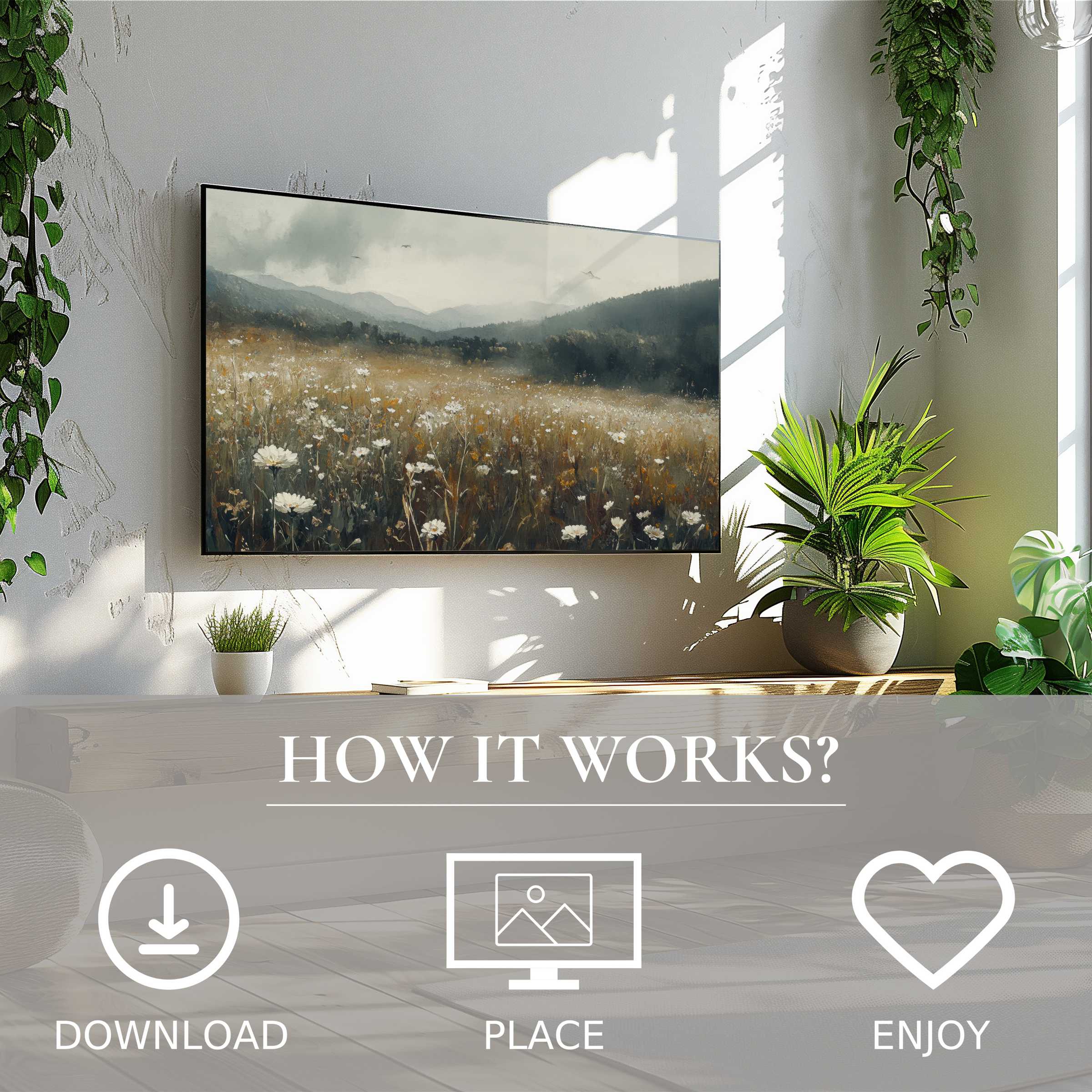 Botanical art for Samsung TV shows soft sunset tones in a floral field, easy digital download enriches your space