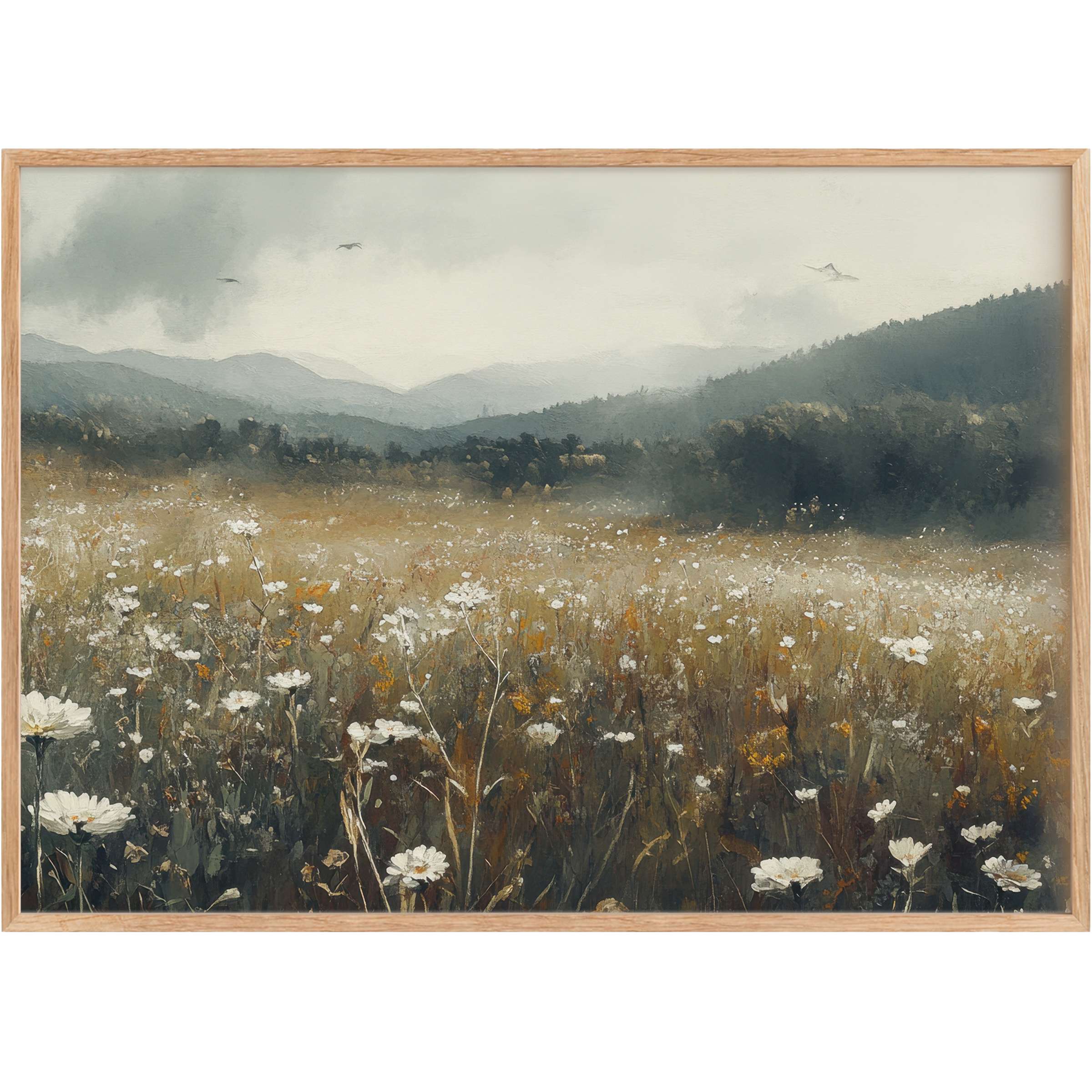 Botanical printable wall art capturing a misty wildflower meadow in muted earth tones, evoking serene, timeless elegance