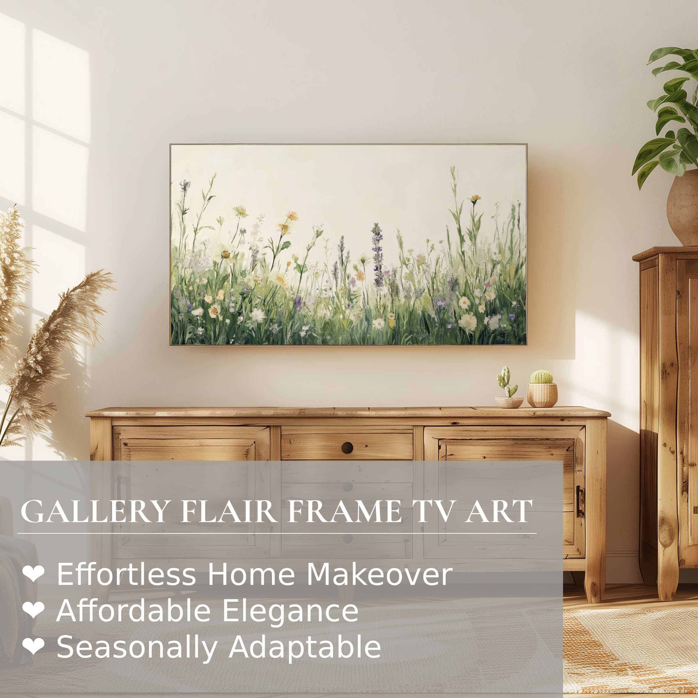 Samsung Frame TV displays elegant floral digital artwork in a serene, minimalist living room setting