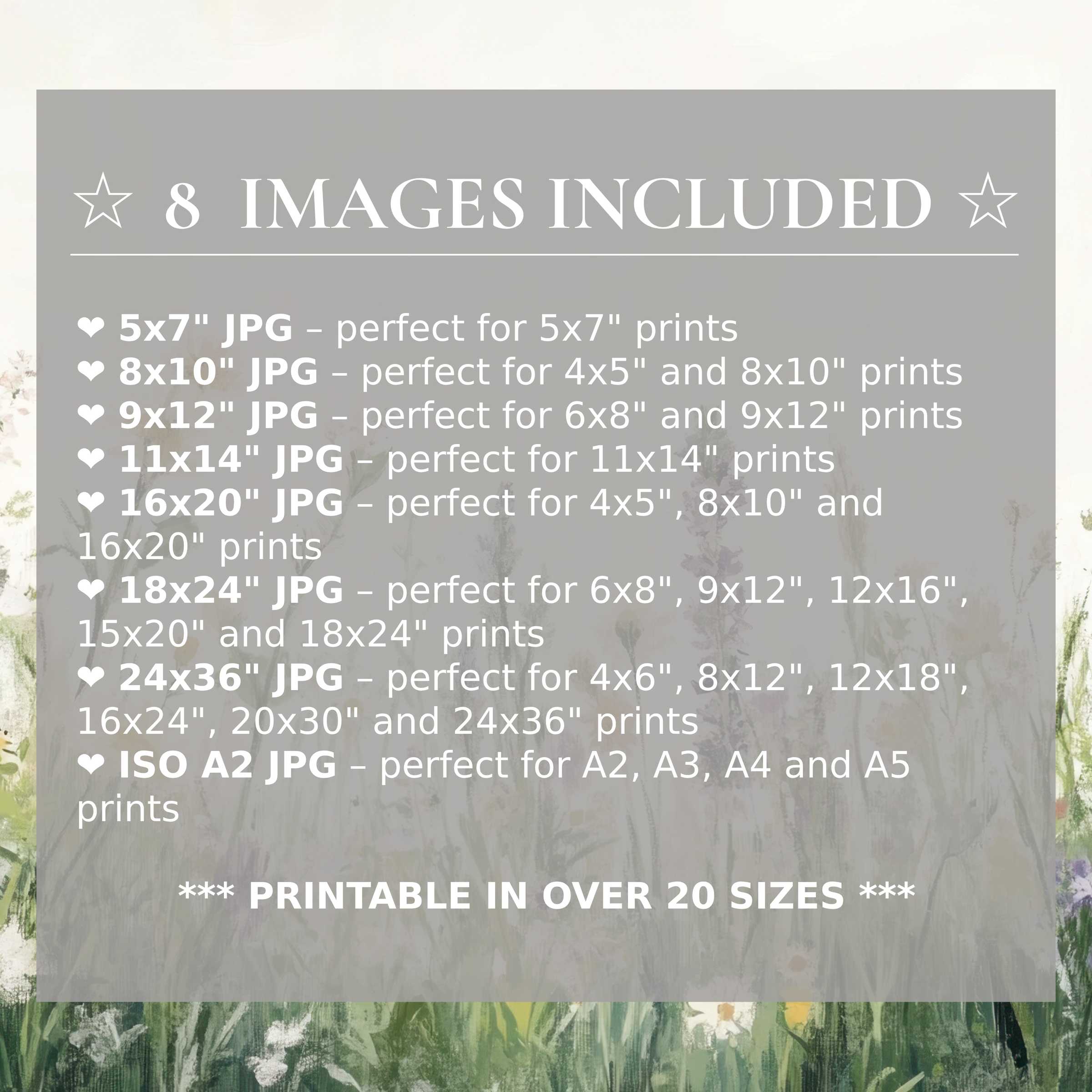 Radiant floral digital print in soft lavenders and verdant greens, included in 8 premium sizes to elevate any modern interior with timeless elegance and versatile style
