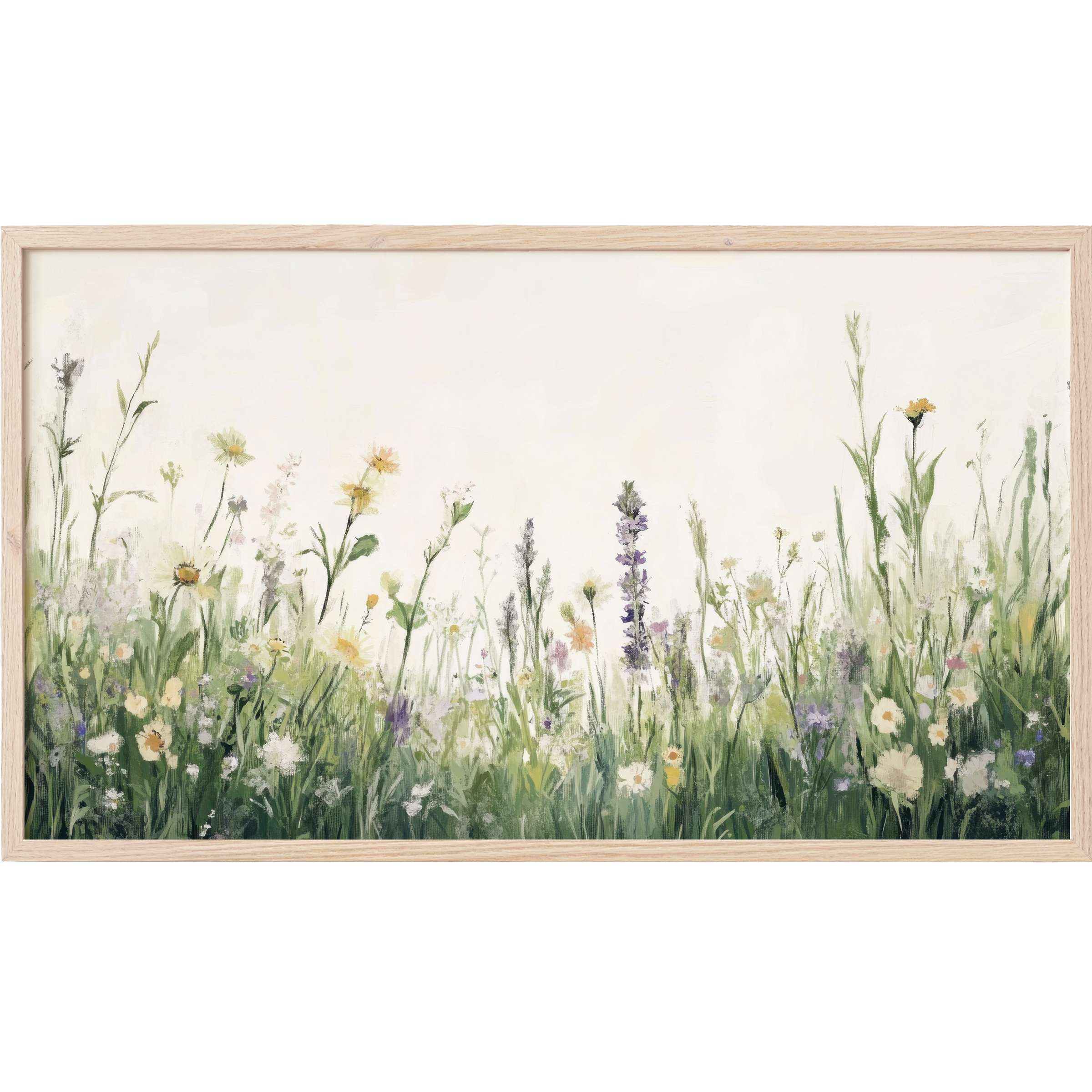 Floral Frame TV Art shows a delicate wildflower meadow in soft greens and yellows with an airy modern style