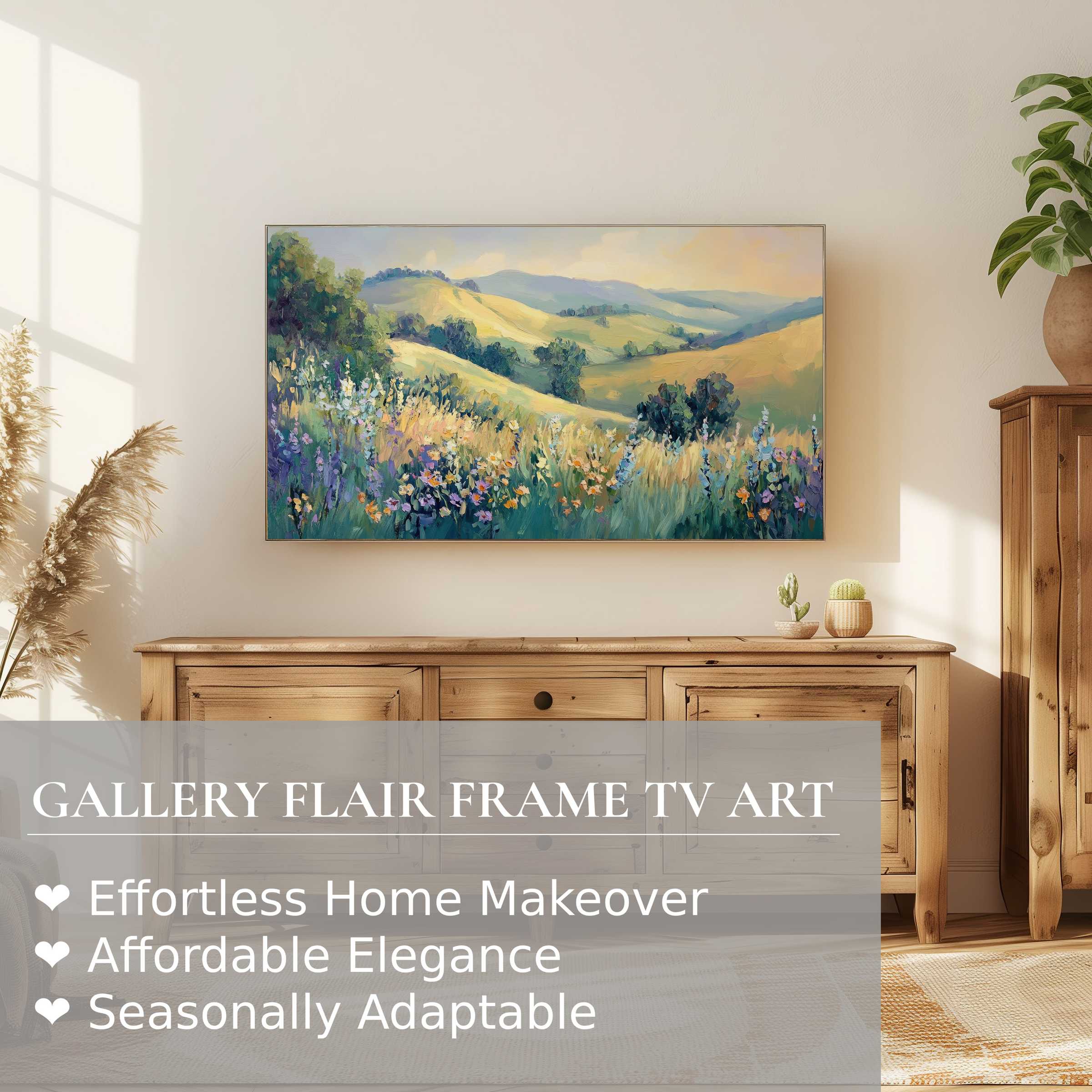 Samsung Frame TV presenting serene landscape digital artwork in a modern, elegant living space with natural wood accents