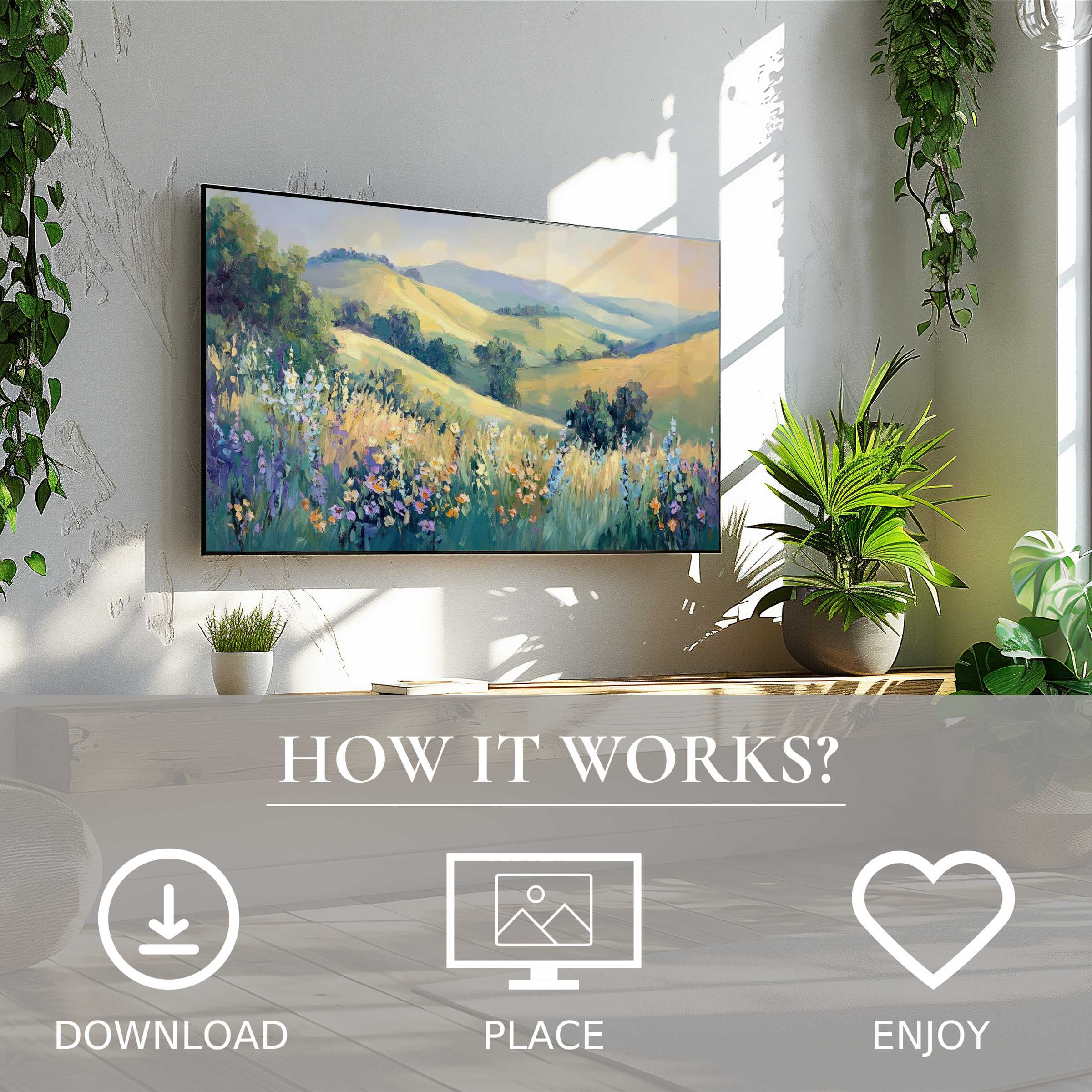 Modern living room with landscape art for Samsung TV showing soft sunset tones; easy digital download enriches space