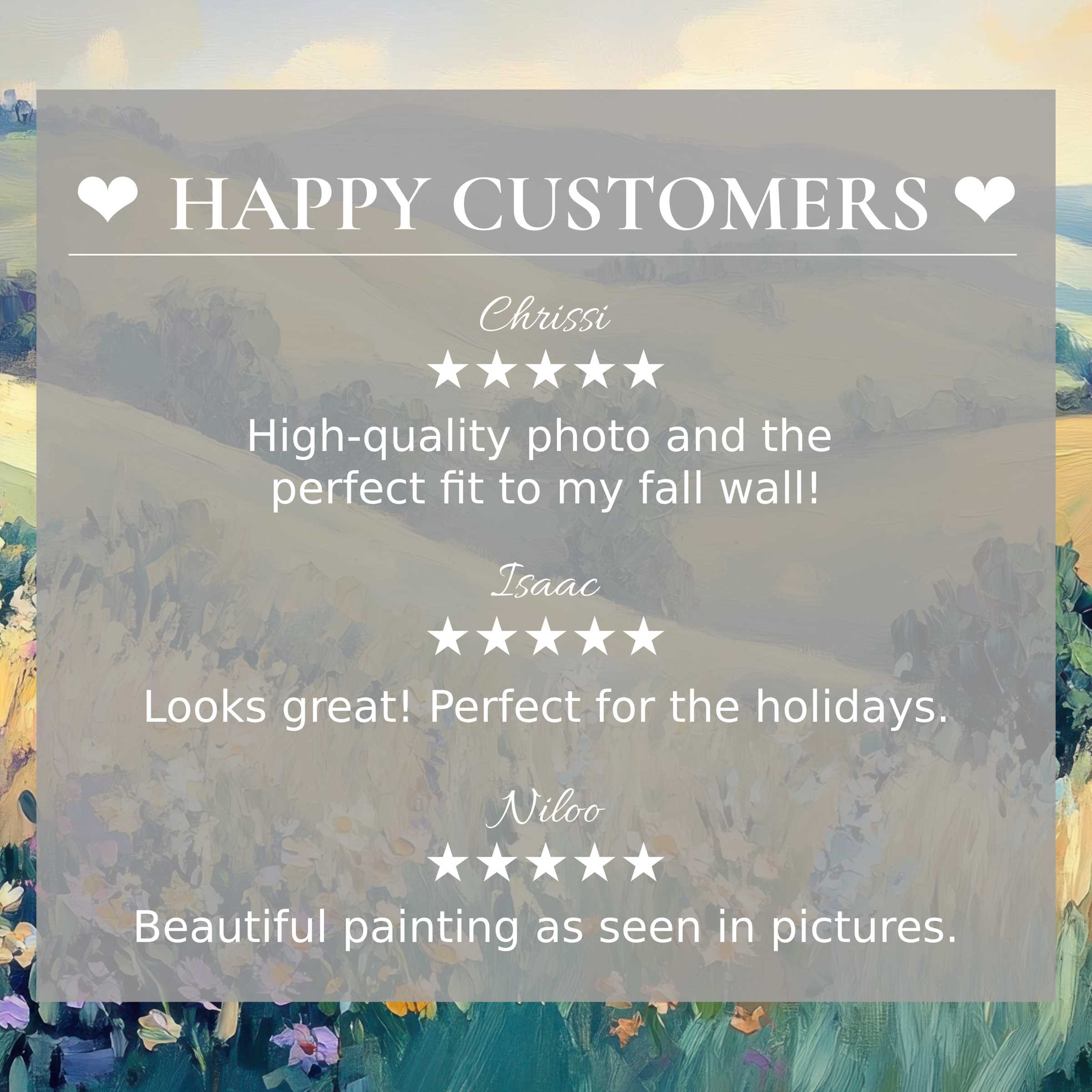 Landscape art for Frame TV with abstract sunset hues; happy customer reviews build trust and highlight elegant style
