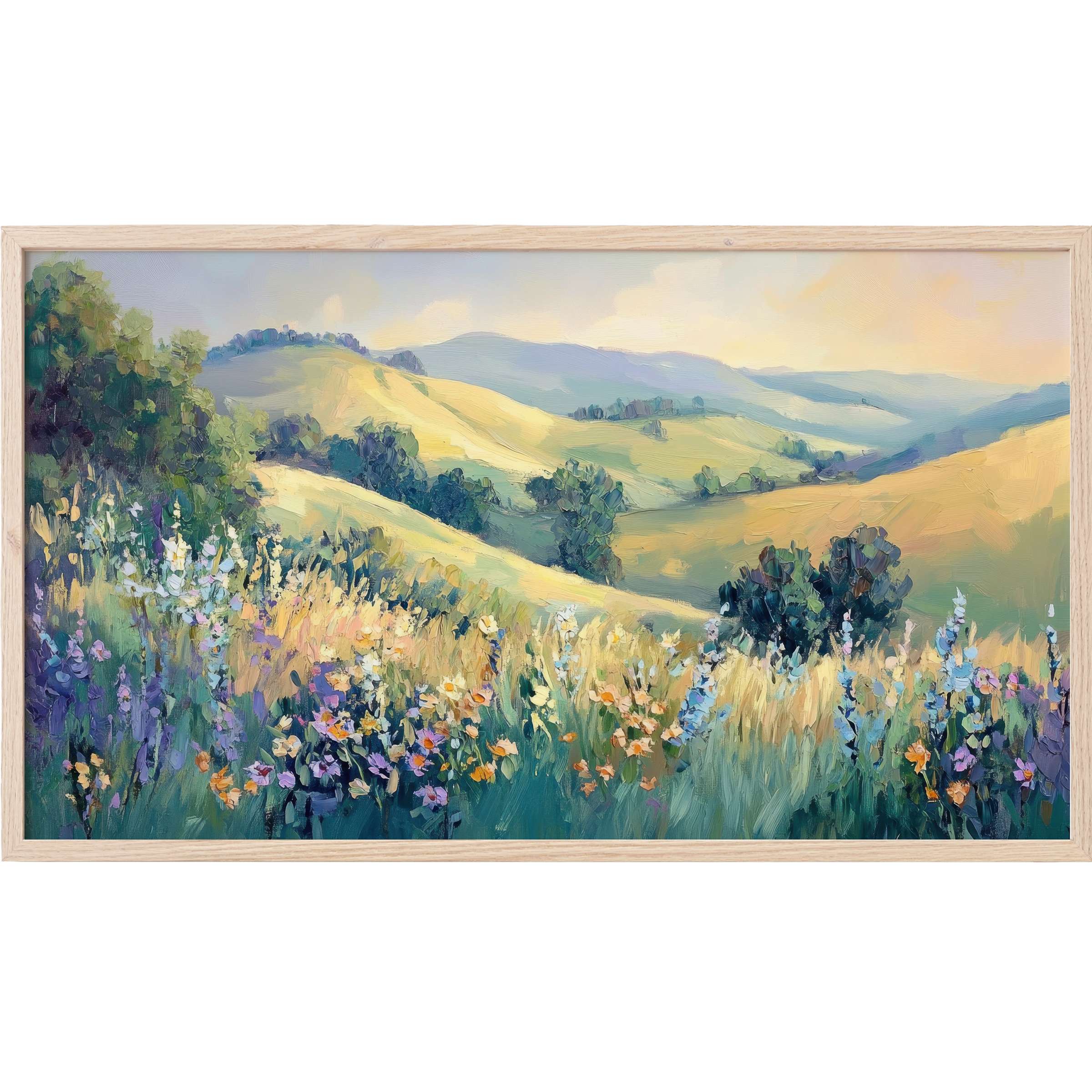 Landscape Frame TV Art featuring soft green hills and vibrant wildflowers in an impressionist, modern style