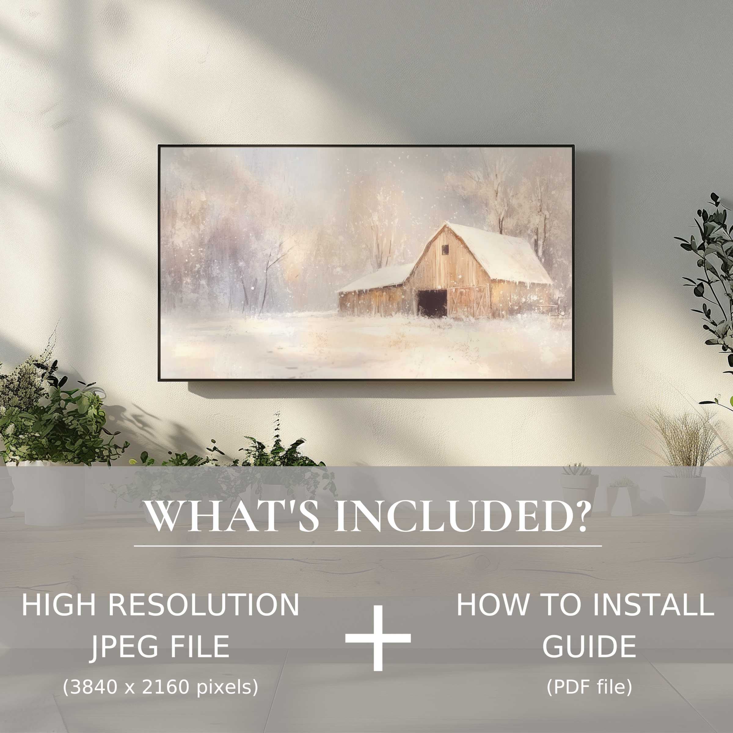 Elegant farmhouse digital TV art download with easy installation, enhancing serene living spaces with cozy, snowy barn imagery