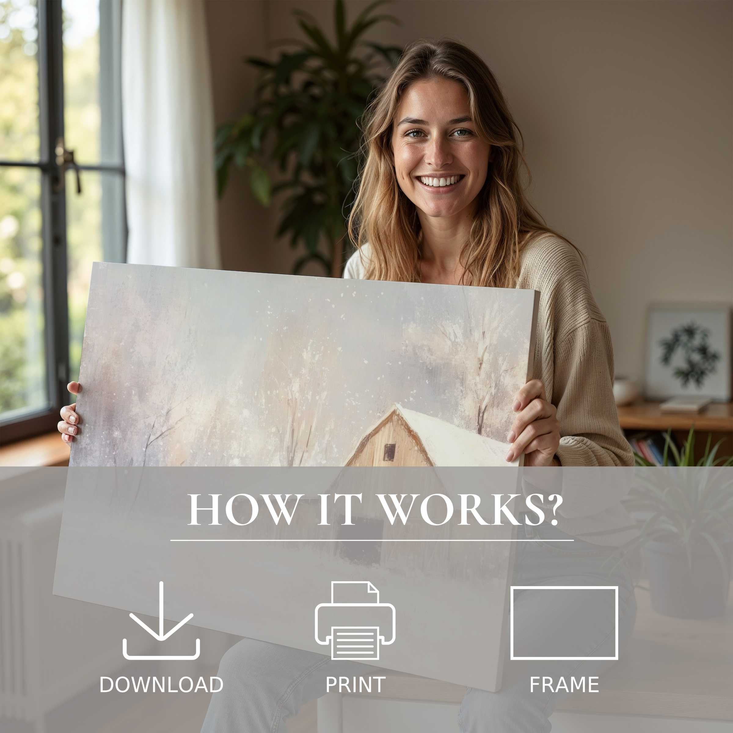 A radiant moment of joy and connection with farmhouse digital art print, enriching a modern home’s serene ambiance